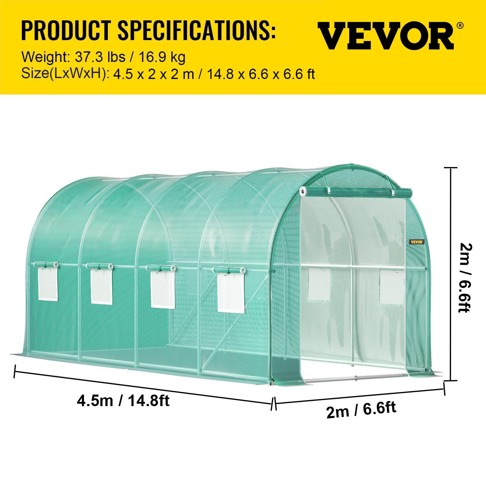 Tunnel Greenhouse Walk-in 15x7x7ft Portable Zippered Door Windows Steel Hoops