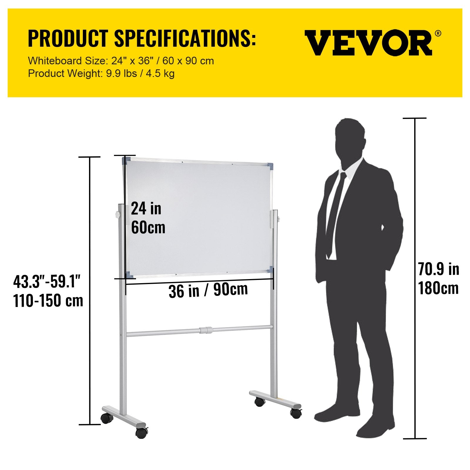 Mobile Dry Erase Board Magnetic Whiteboard with Stand 60x90cm Double Sided