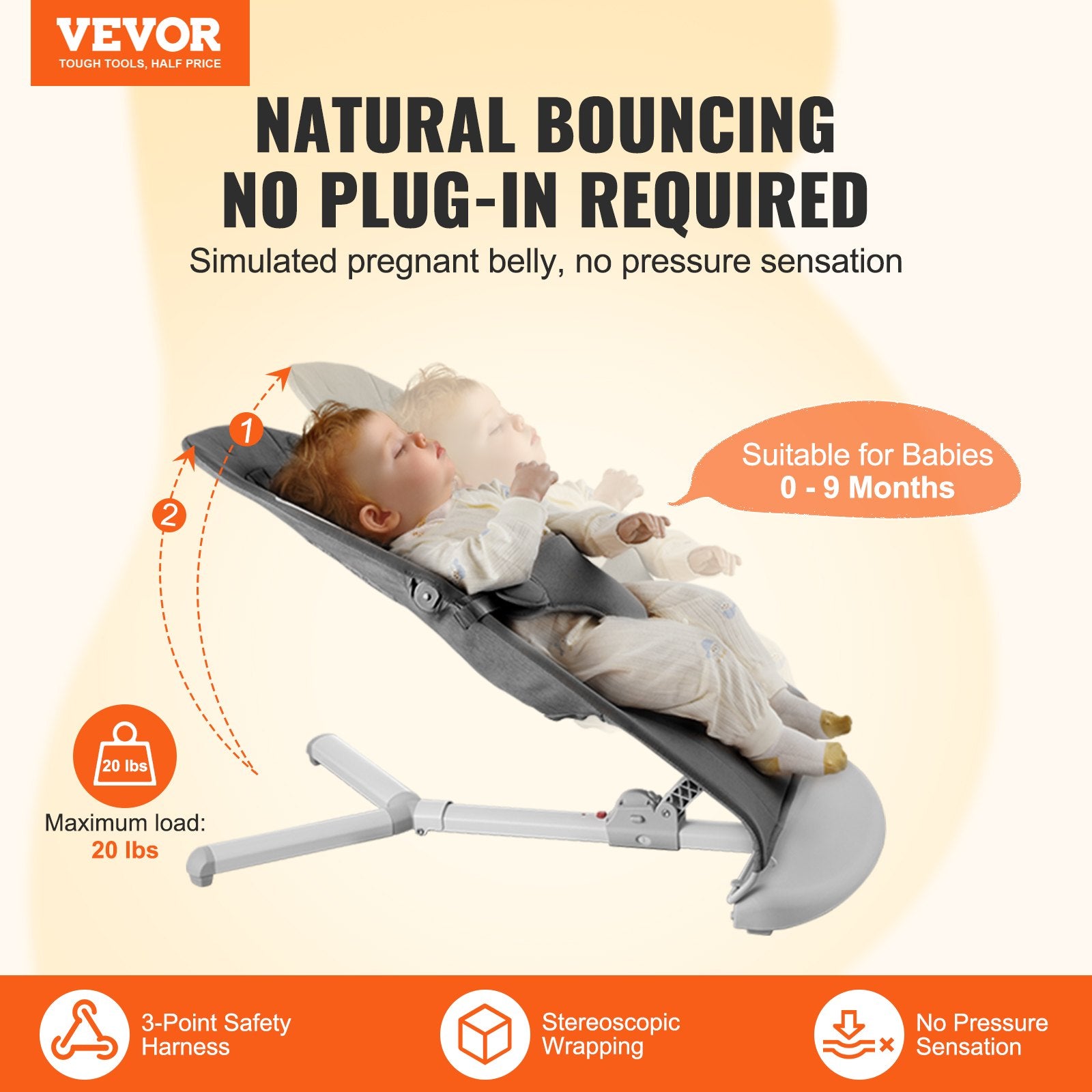Baby Bouncer Folding Seat for 0-9 Months with 2 Recline Angles & 3-Point Harness