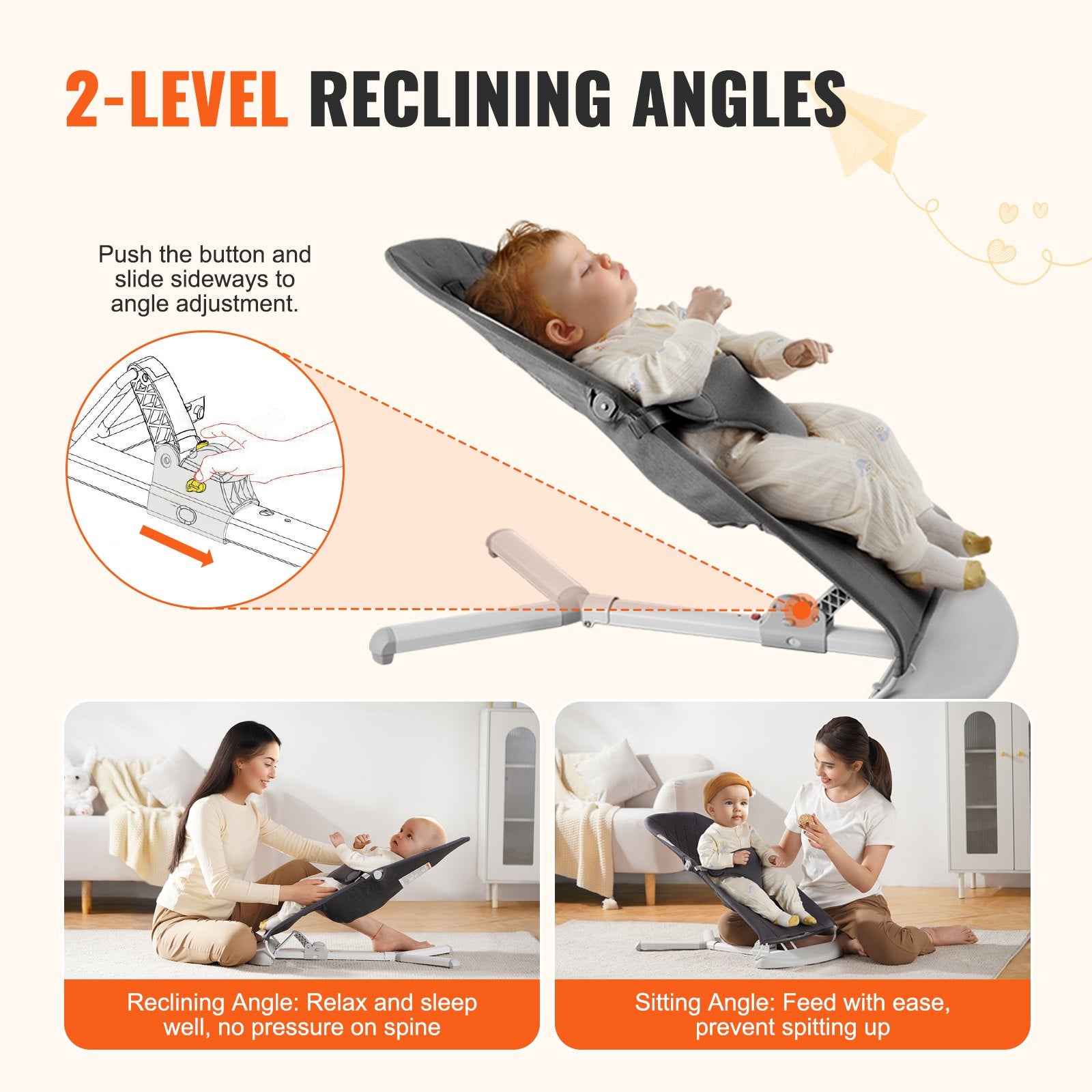 Baby Bouncer Folding Seat for 0-9 Months with 2 Recline Angles & 3-Point Harness