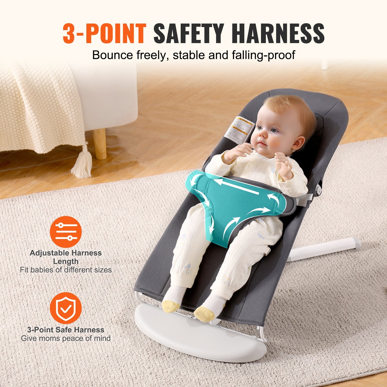 Baby Bouncer Folding Seat for 0-9 Months with 2 Recline Angles & 3-Point Harness