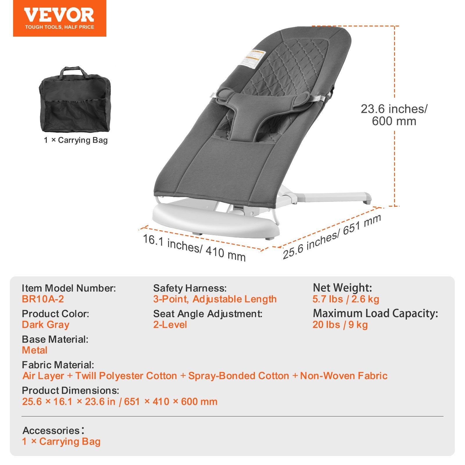 Baby Bouncer Folding Seat for 0-9 Months with 2 Recline Angles & 3-Point Harness