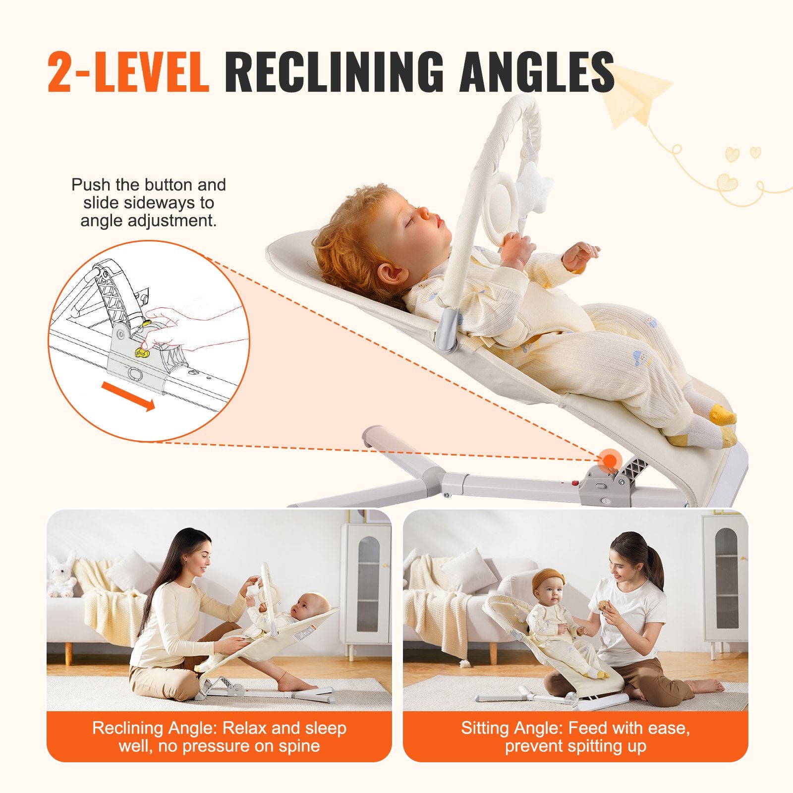 Baby Bouncer Folding Seat 0-9 Months 2 Recline Angles Rotatable Toy Bar