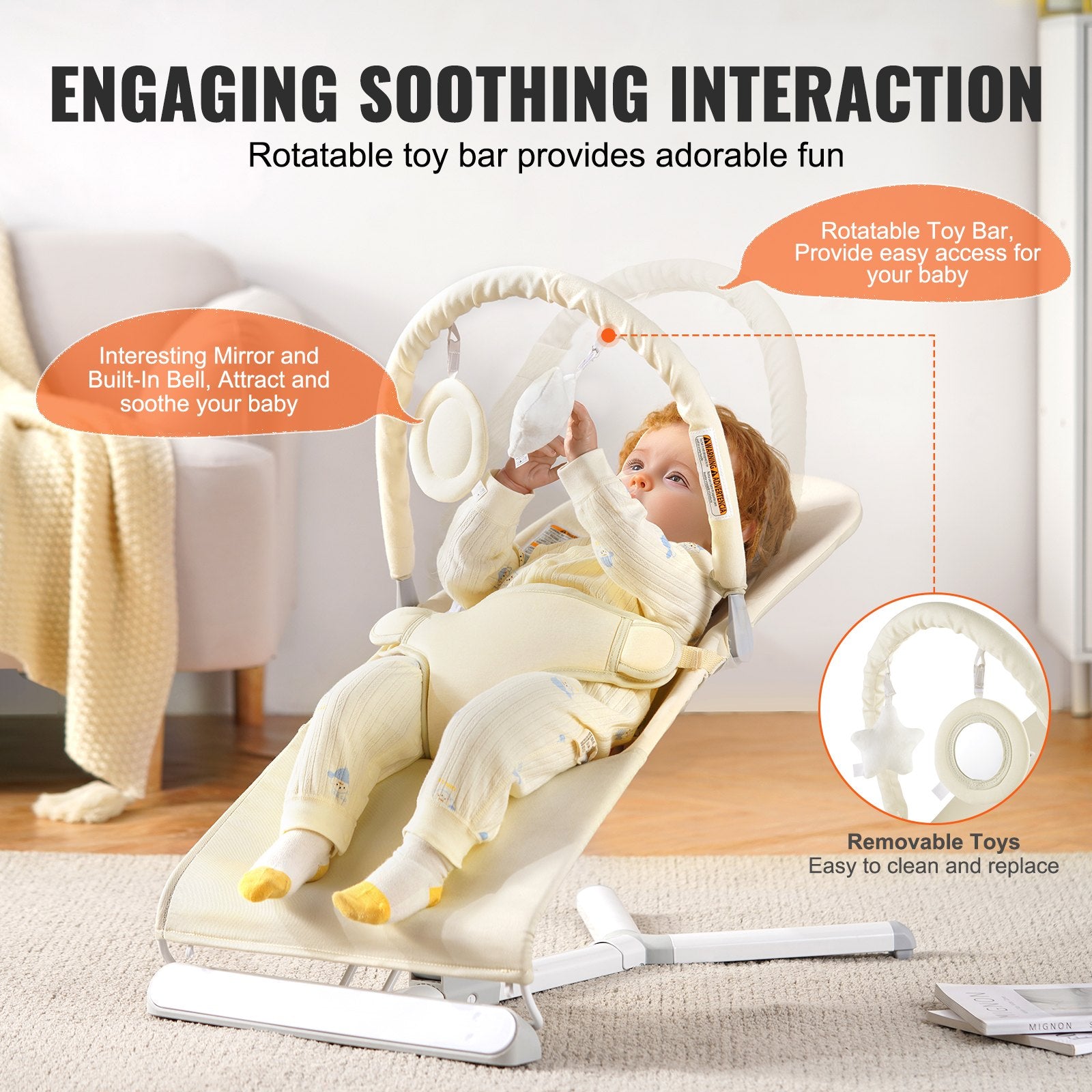Baby Bouncer Folding Seat 0-9 Months 2 Recline Angles Rotatable Toy Bar
