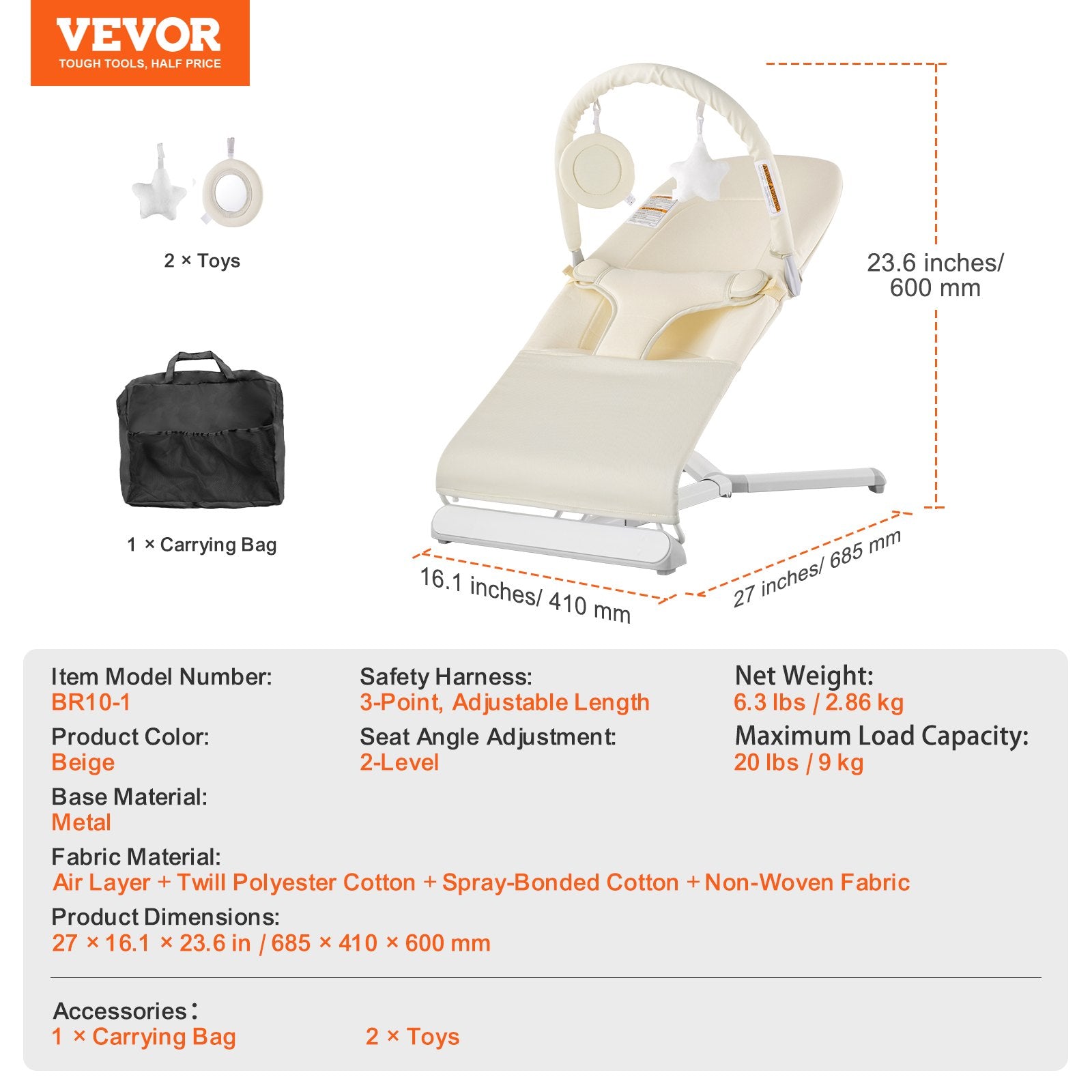 Baby Bouncer Folding Seat 0-9 Months 2 Recline Angles Rotatable Toy Bar
