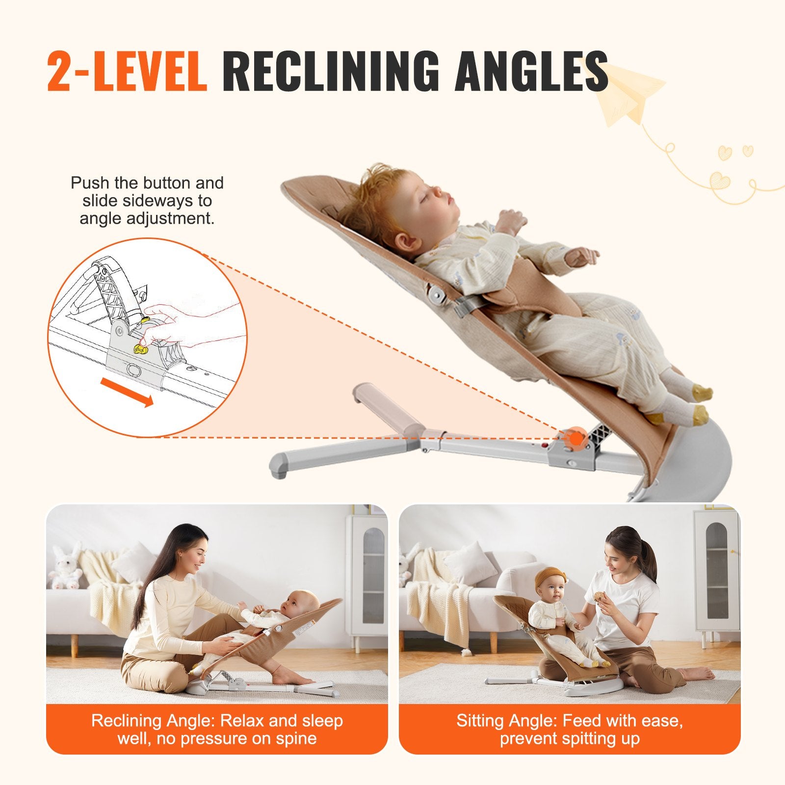 Baby Bouncer Seat 0-9 Months, 2 Recline Angles, 3-Point Harness, Portable, Camel