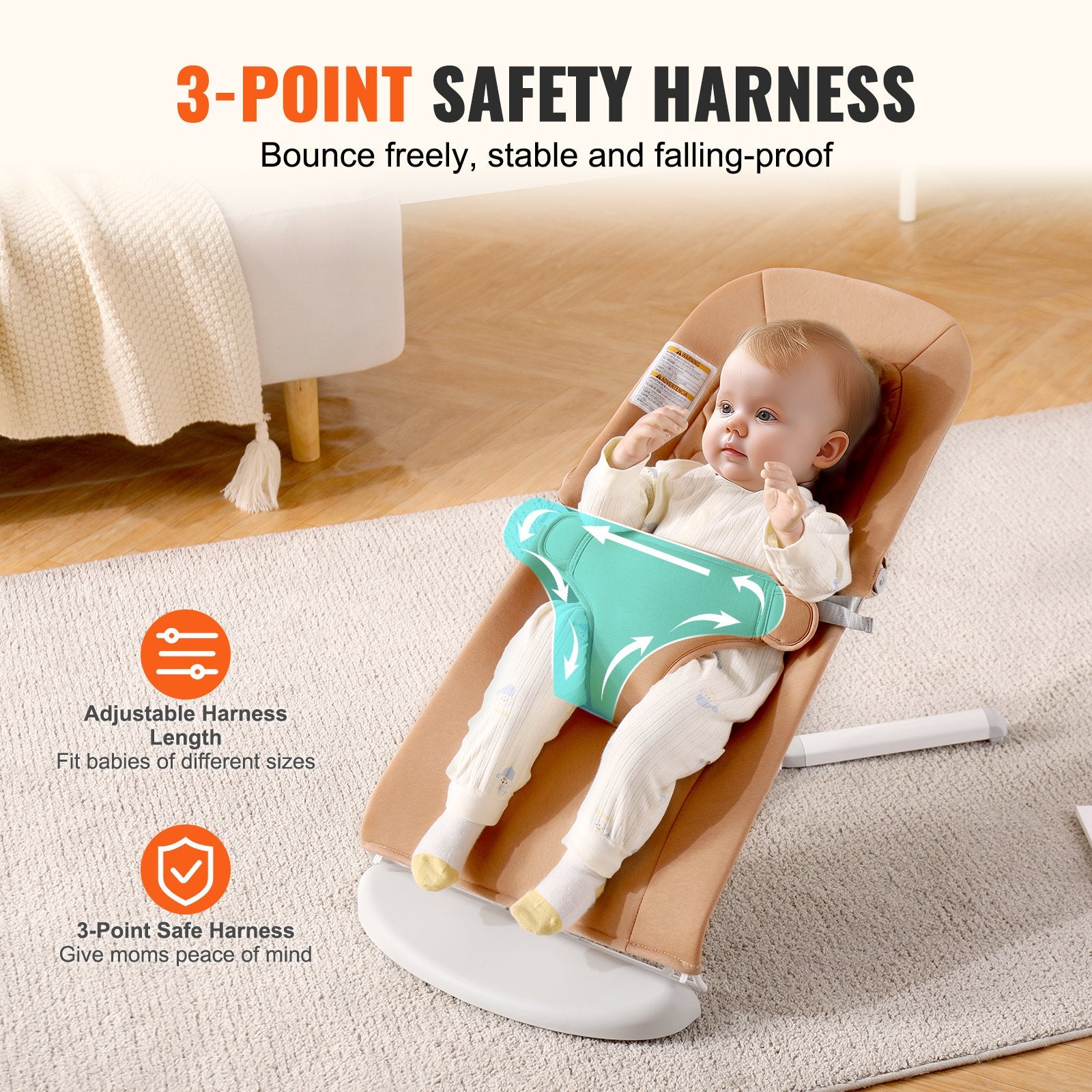 Baby Bouncer Seat 0-9 Months, 2 Recline Angles, 3-Point Harness, Portable, Camel