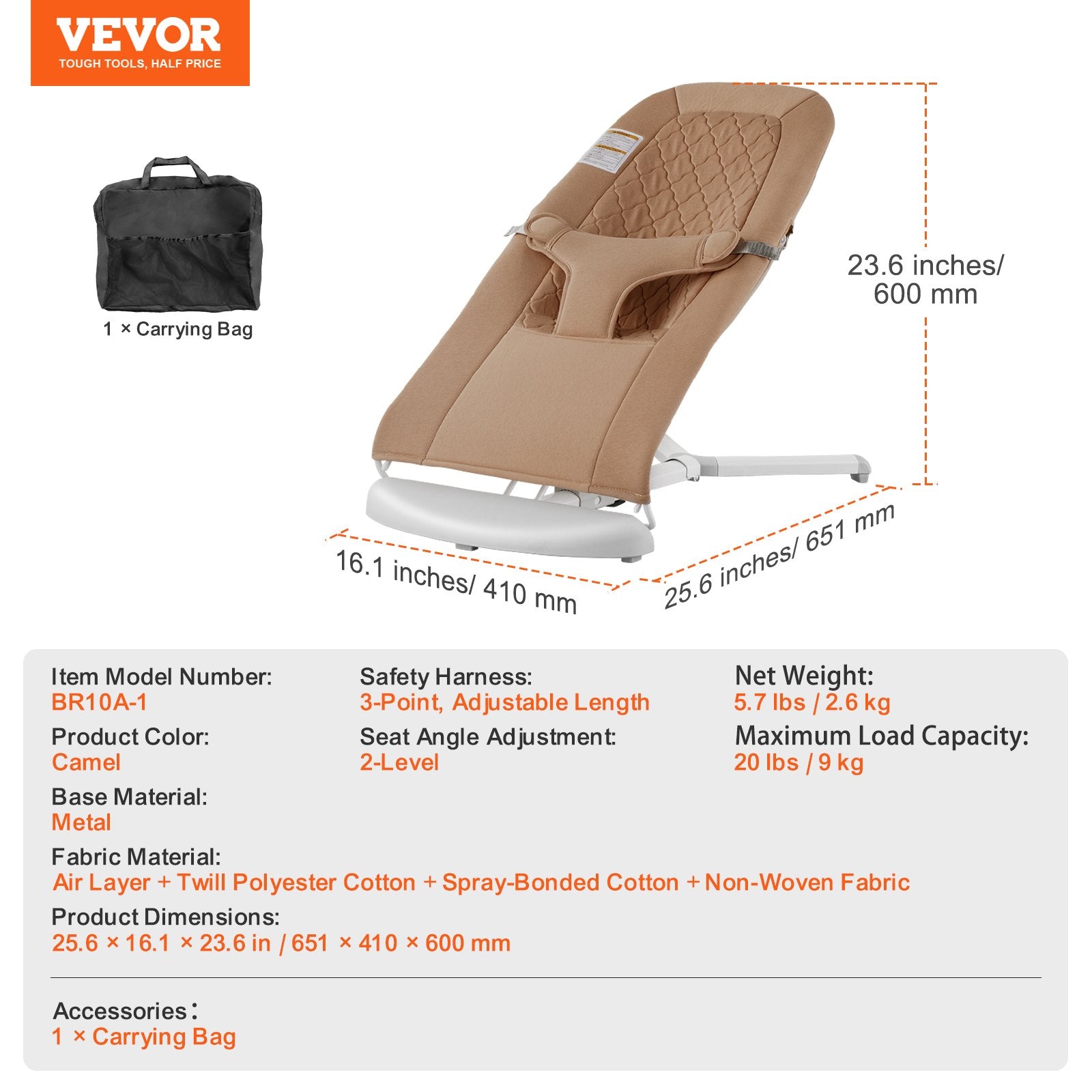 Baby Bouncer Seat 0-9 Months, 2 Recline Angles, 3-Point Harness, Portable, Camel