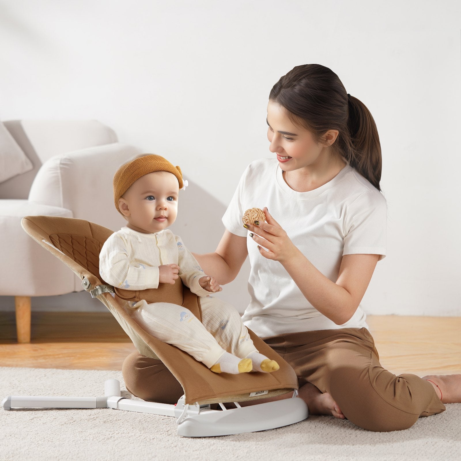 Baby Bouncer Seat 0-9 Months, 2 Recline Angles, 3-Point Harness, Portable, Camel