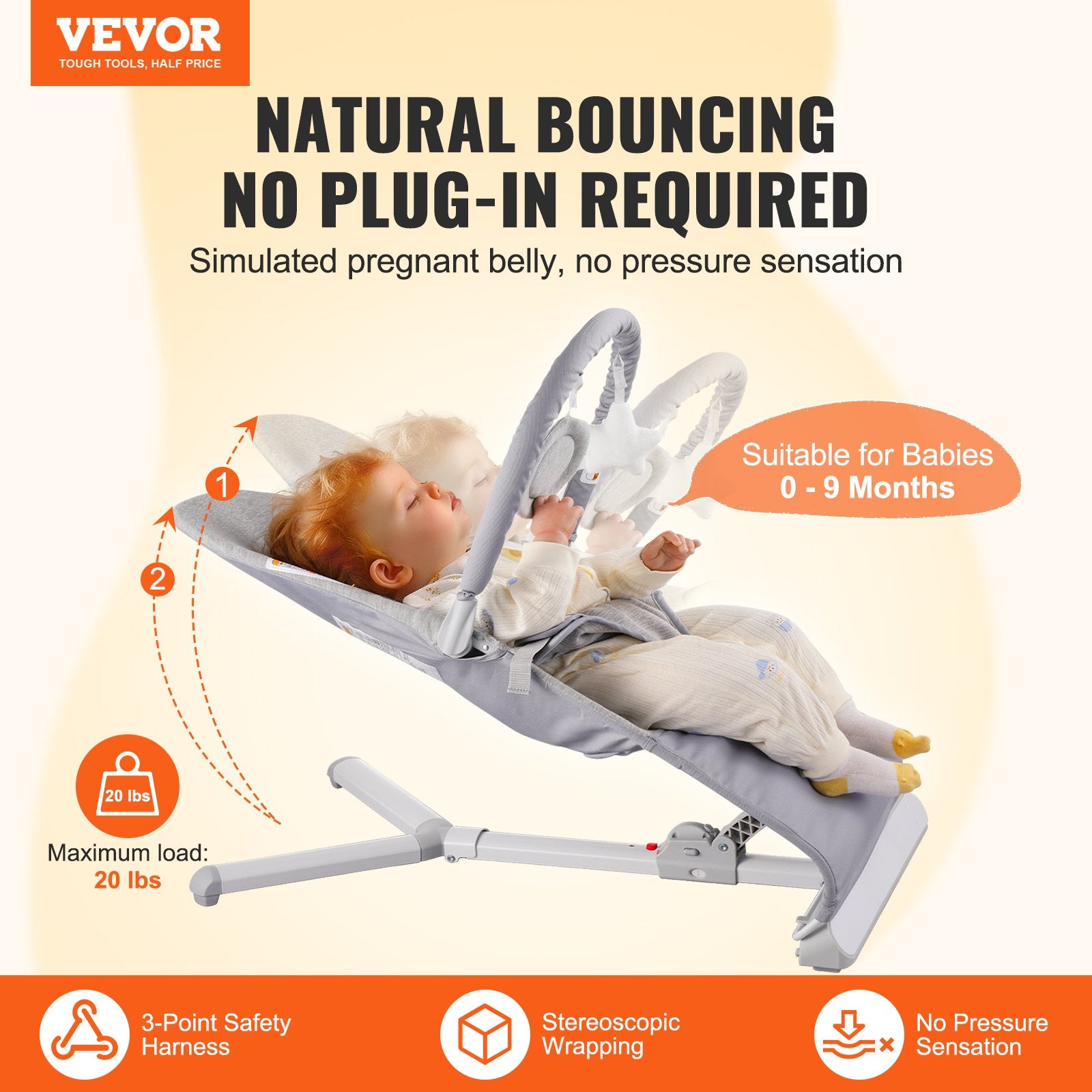 Baby Bouncer Seat 0-9 Months 2 Recline Angles Rotatable Toy Bar Rocker