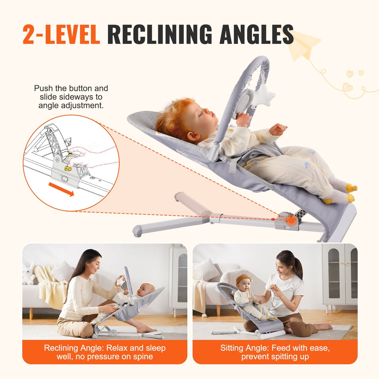 Baby Bouncer Seat 0-9 Months 2 Recline Angles Rotatable Toy Bar Rocker