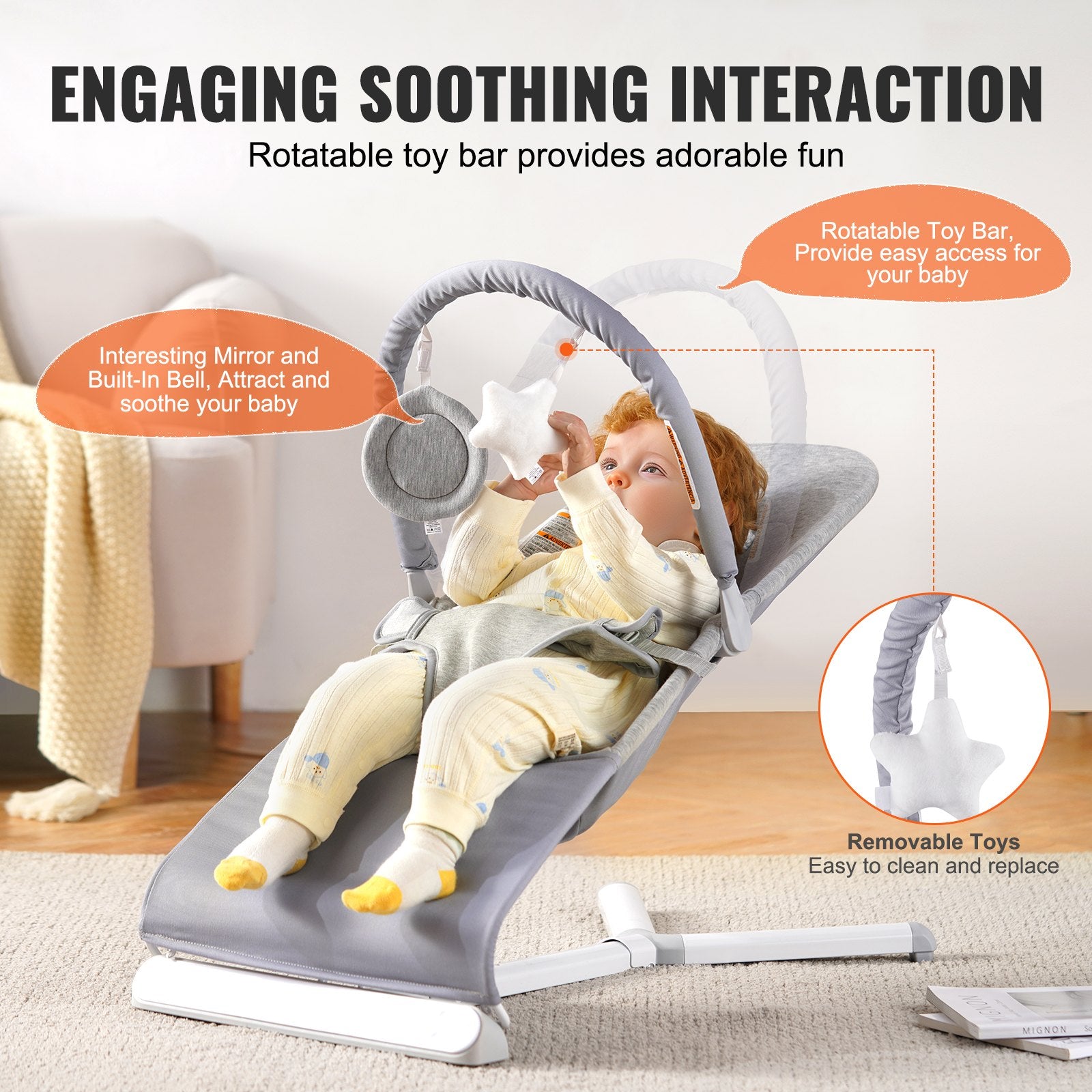 Baby Bouncer Seat 0-9 Months 2 Recline Angles Rotatable Toy Bar Rocker
