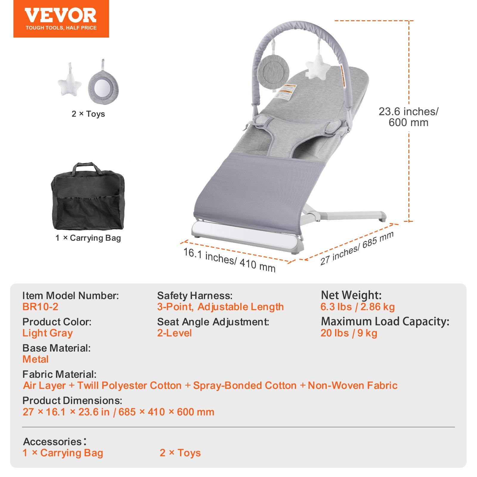 Baby Bouncer Seat 0-9 Months 2 Recline Angles Rotatable Toy Bar Rocker