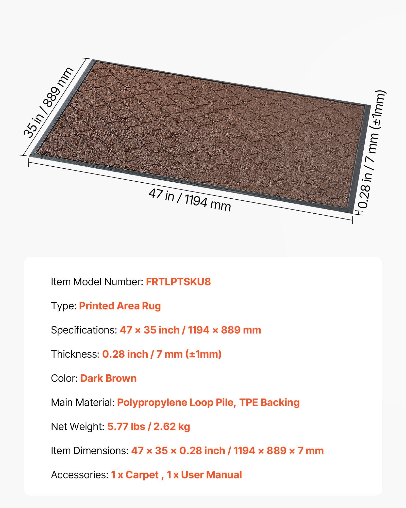 Front Door Mat 1194x889mm Commercial Indoor Outdoor Carpet TPE Backing Brown