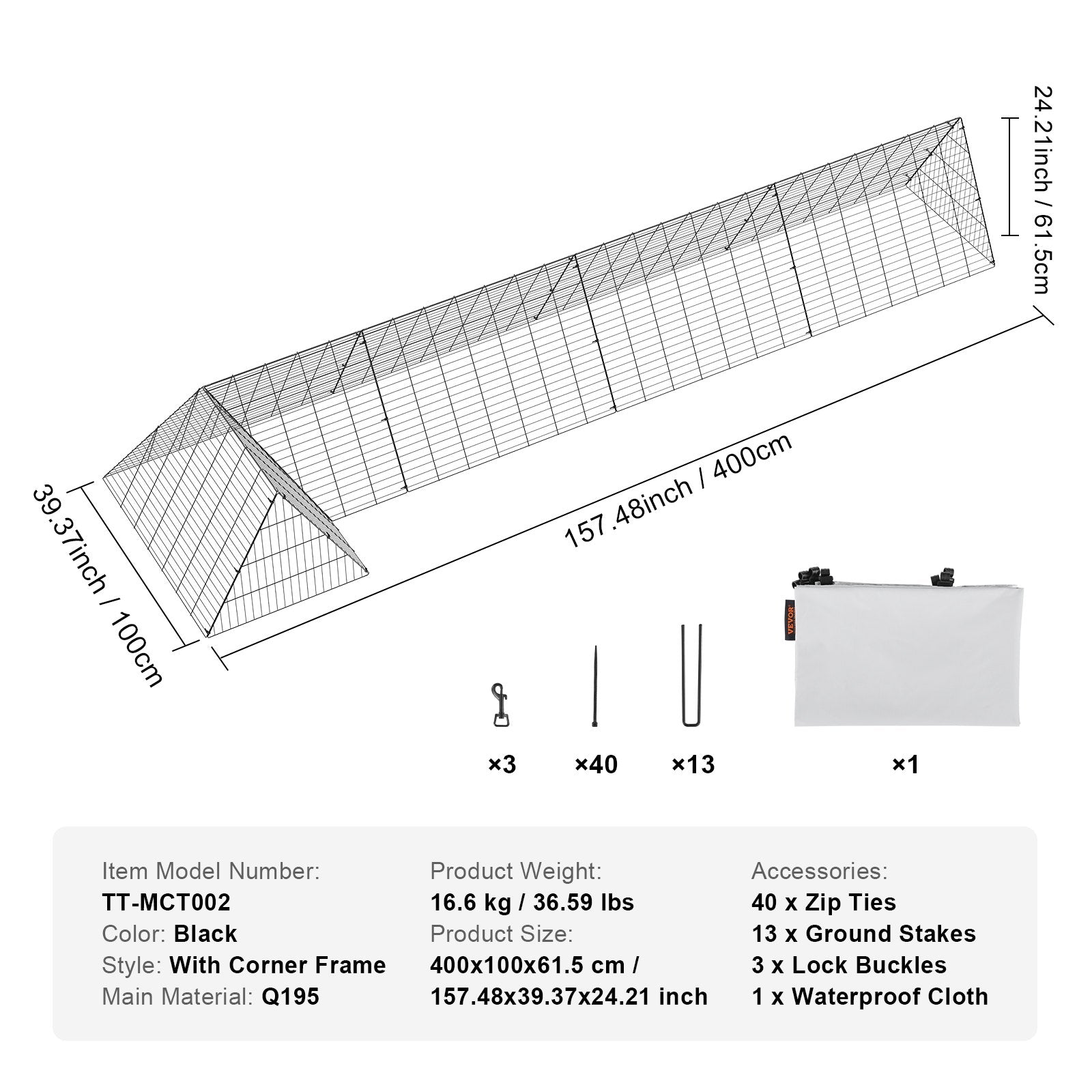 Chicken Tunnels 400x100x61.5cm Portable Outdoor Coop Run with Frames