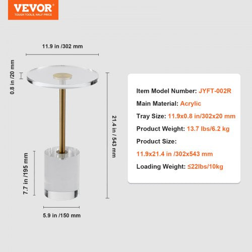 VEVOR Clear Acrylic Round End/Side Table 11.9 x 11.9 inch for Living Room