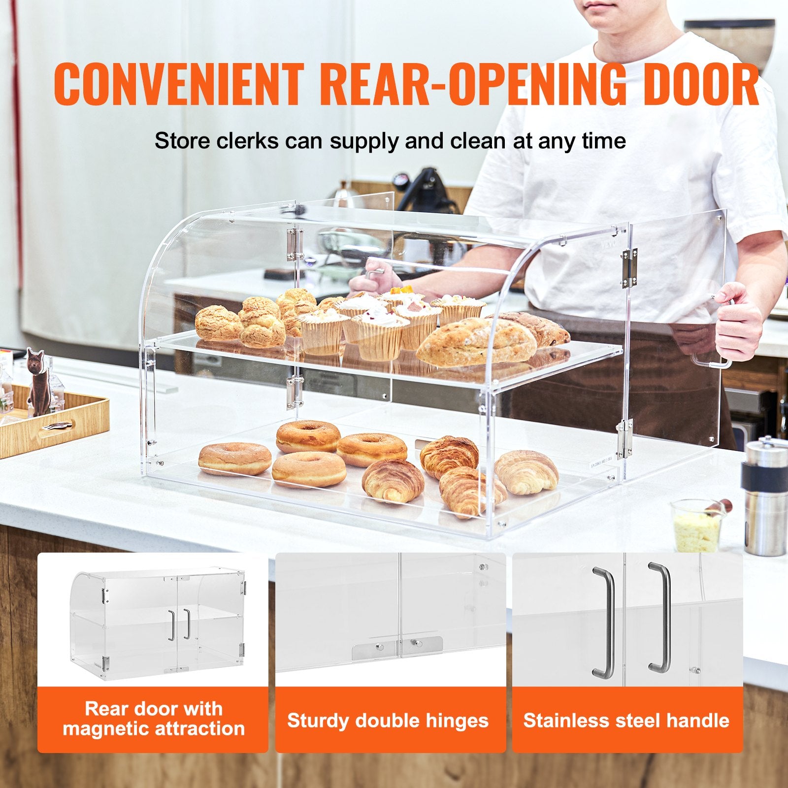 2-Tier Countertop Bakery Pastry Display Case Acrylic with Rear Door Shelves