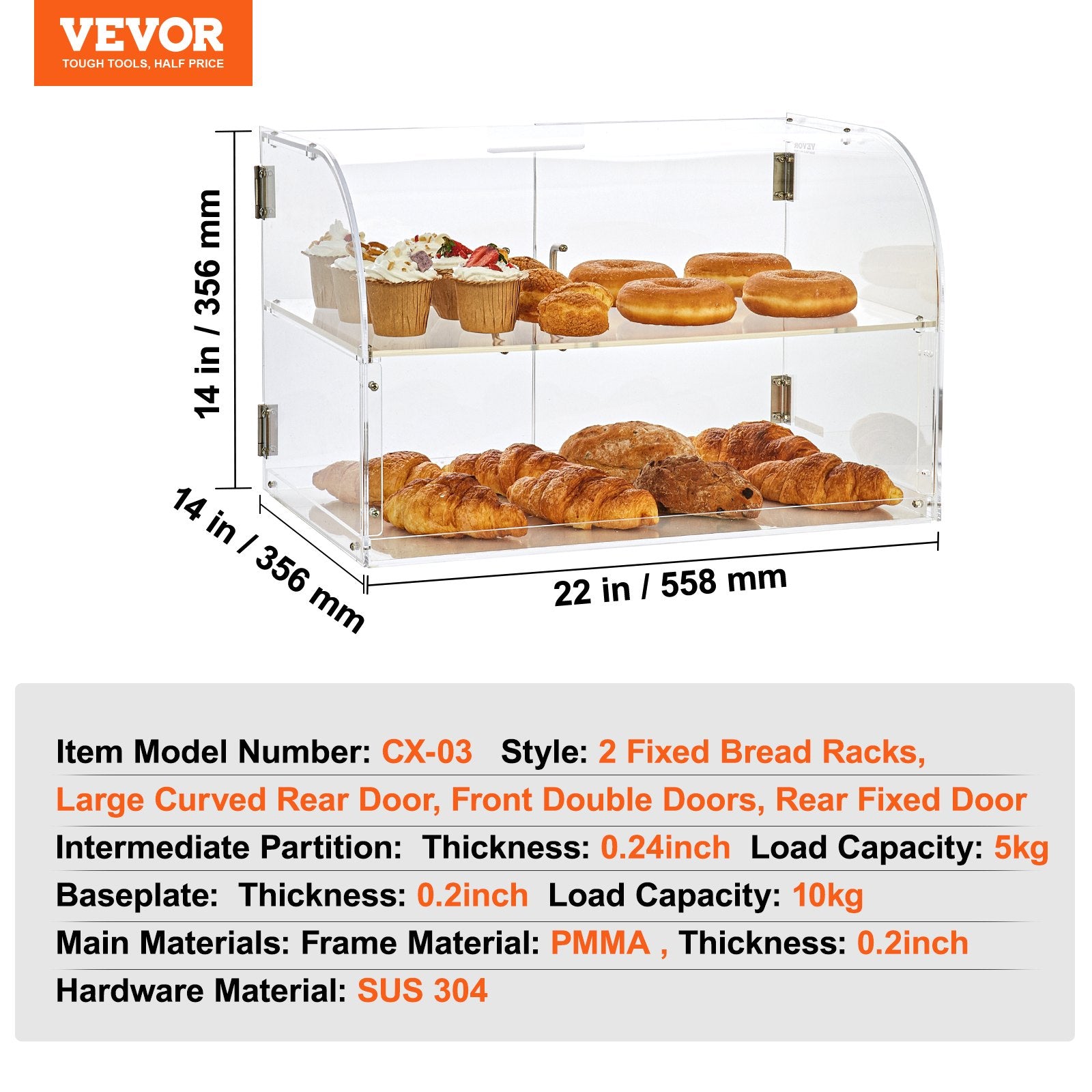 2-Tier Countertop Bakery Pastry Display Case Acrylic with Rear Door Shelves