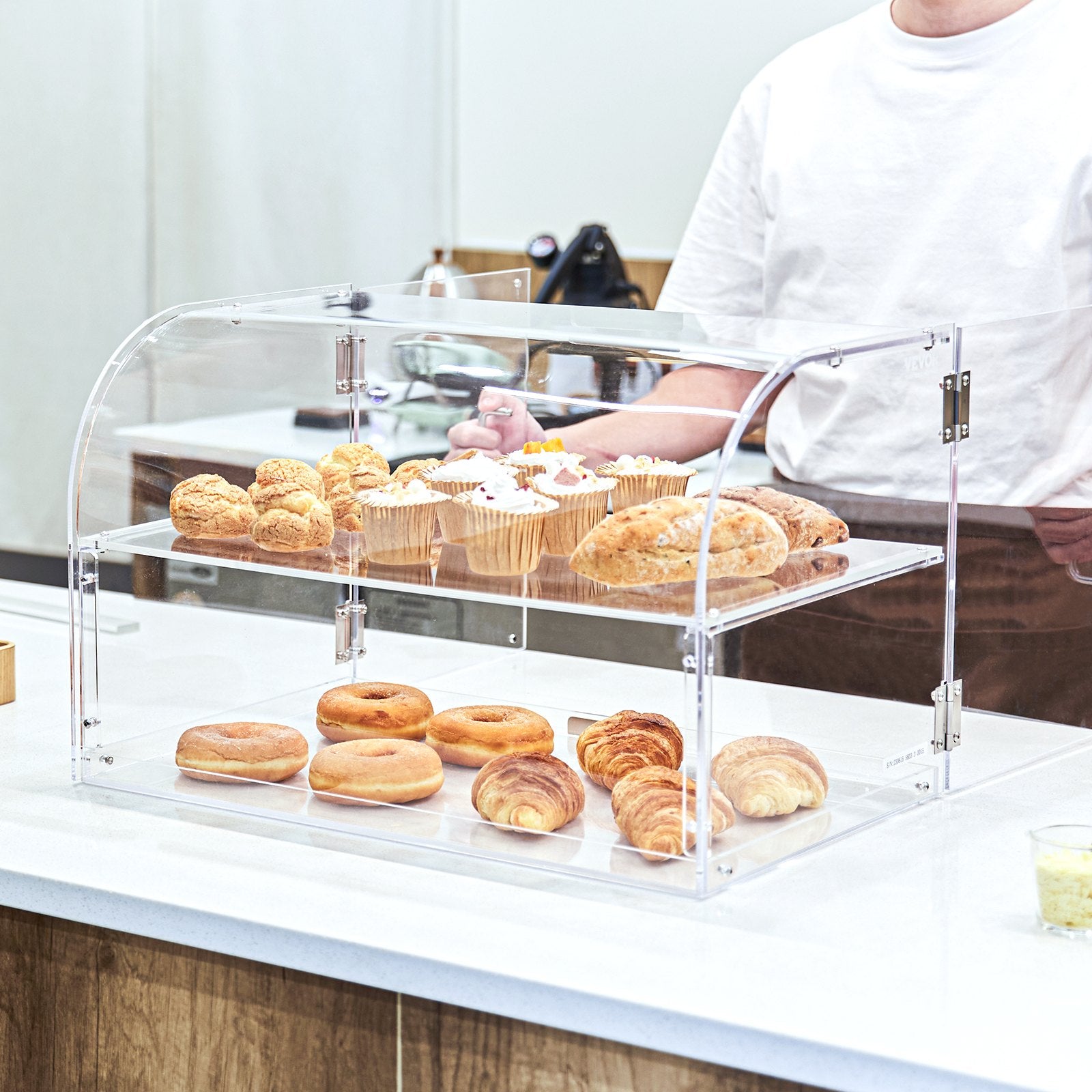 2-Tier Countertop Bakery Pastry Display Case Acrylic with Rear Door Shelves