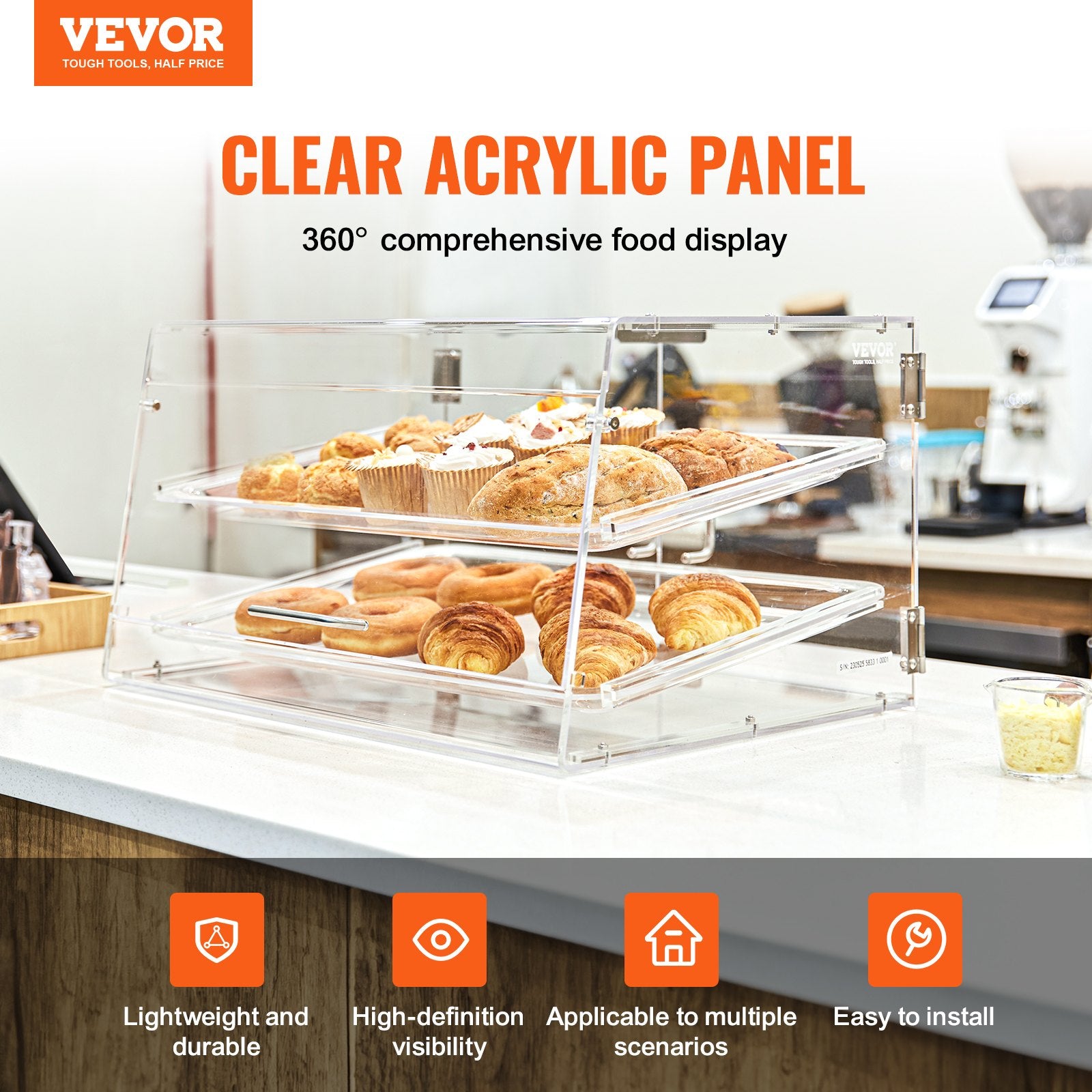 Pastry Display Case 2-Tier Commercial Countertop Acrylic with Rear Door