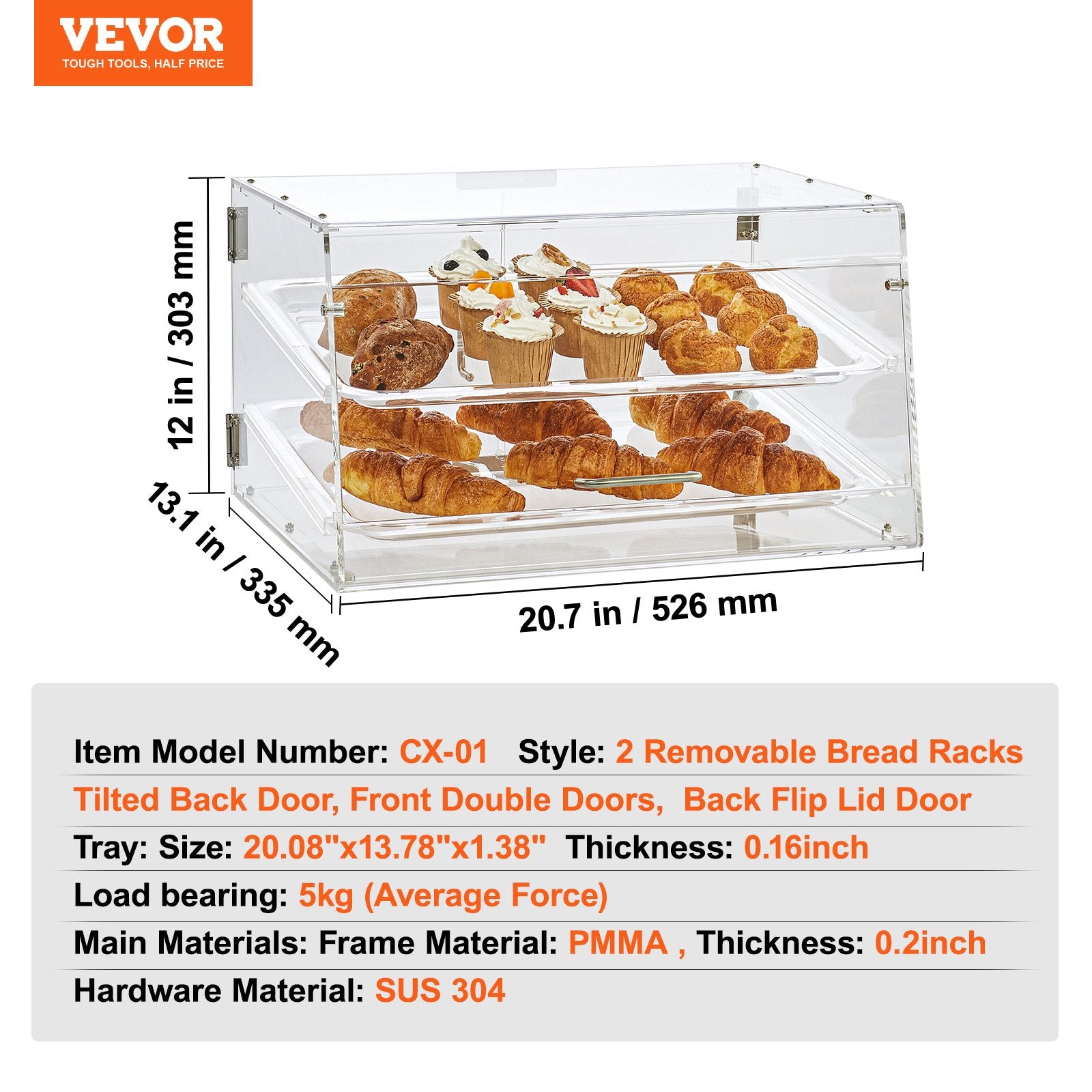 Pastry Display Case 2-Tier Commercial Countertop Acrylic with Rear Door