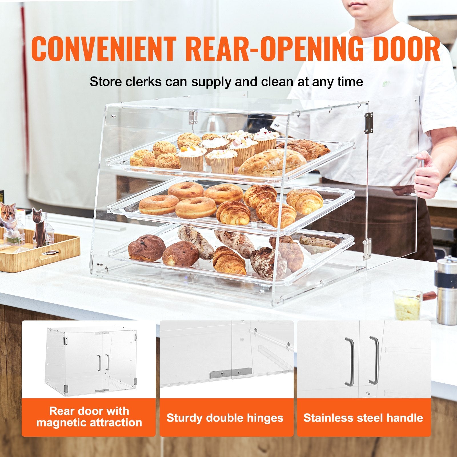 Pastry Display Case Commercial 3-Tier Acrylic Box Rear Door Removable Shelves