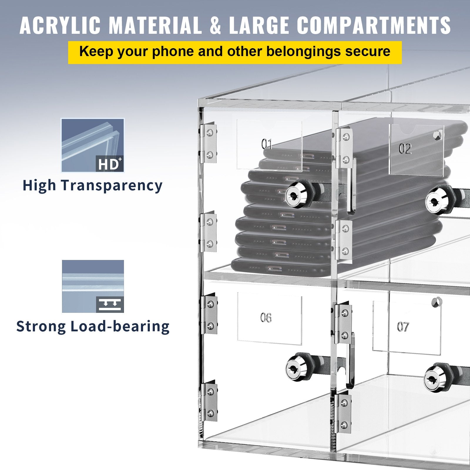 Cell Phone Storage Locker 10 Slots Acrylic Wall Mount Cabinet with Locks