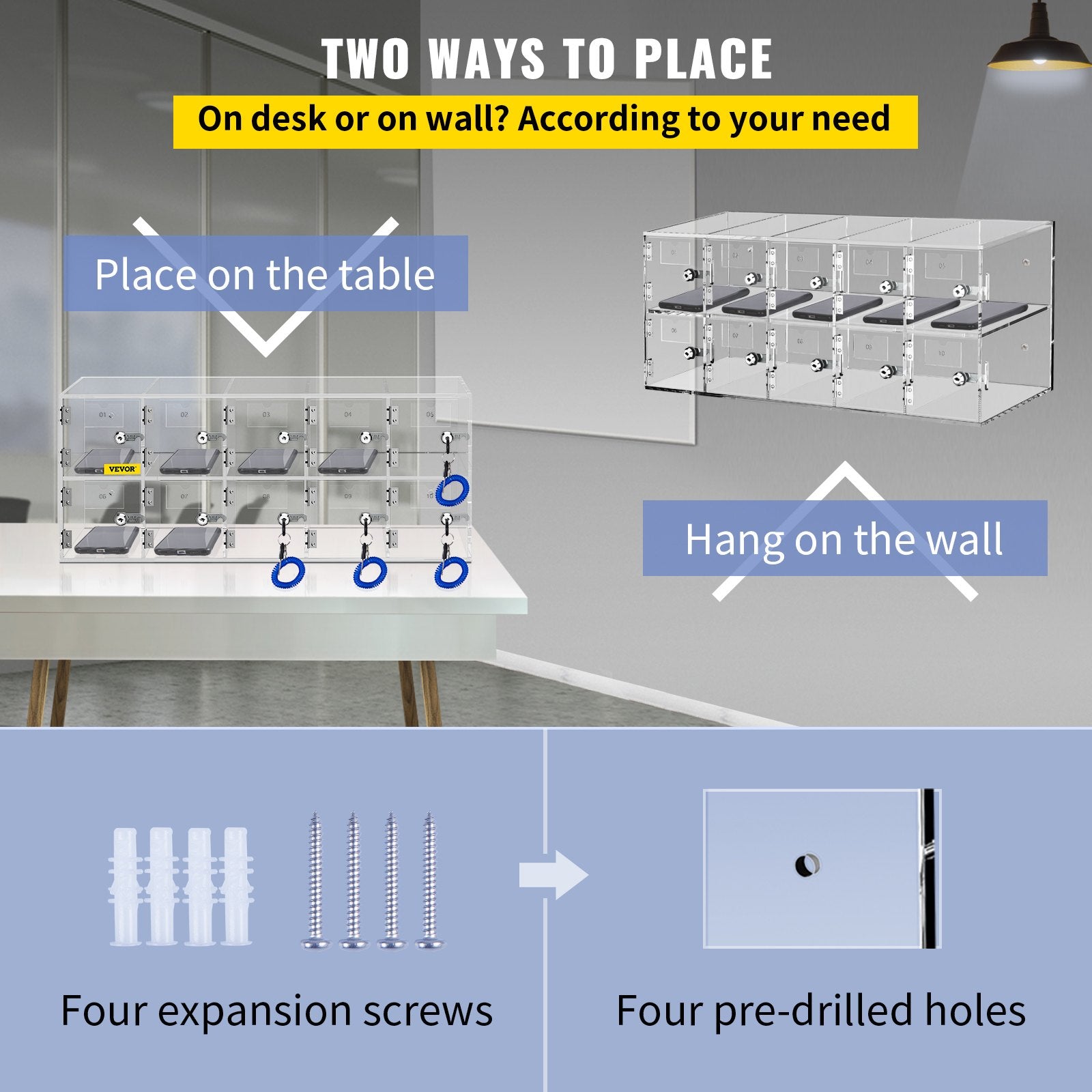 Cell Phone Storage Locker 10 Slots Acrylic Wall Mount Cabinet with Locks