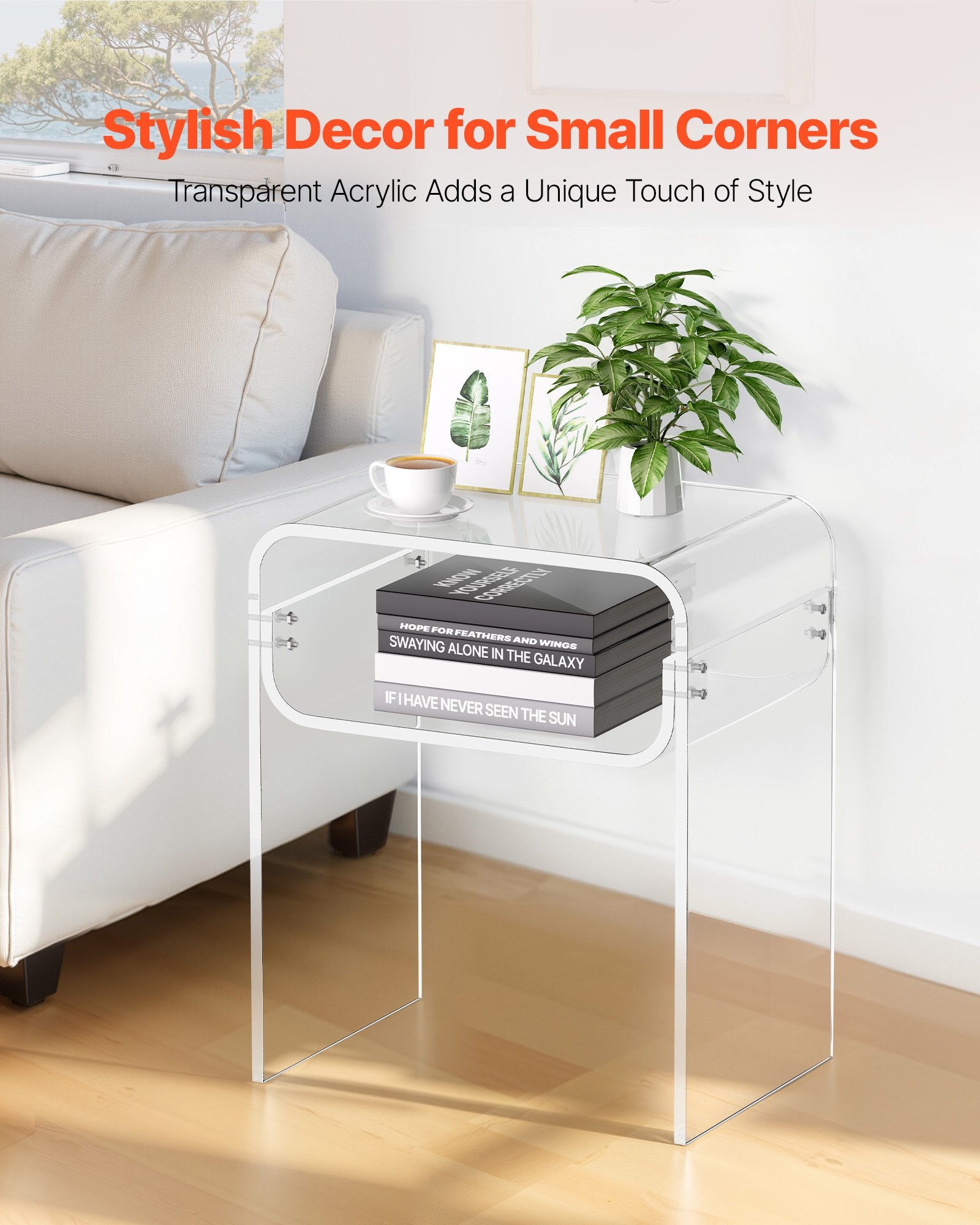 Acrylic Side Table, 2-Tier Clear Bedside Table with Storage Shelf, 30x40x50cm