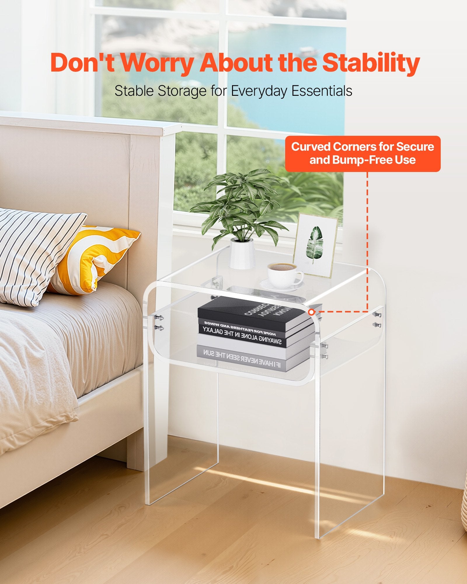 Acrylic Side Table, 2-Tier Clear Bedside Table with Storage Shelf, 30x40x50cm