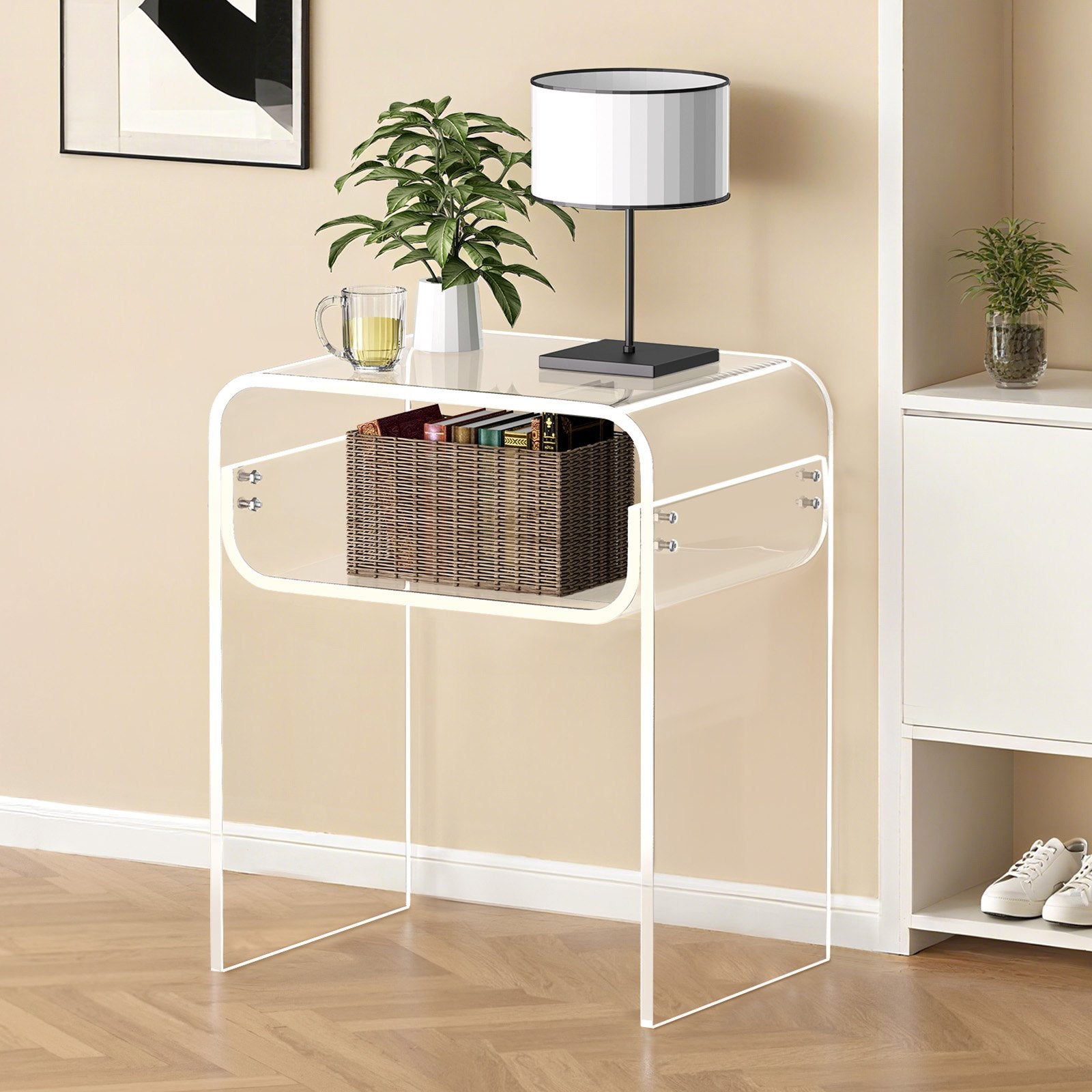 Acrylic Side Table, 2-Tier Clear Bedside Table with Storage Shelf, 30x40x50cm