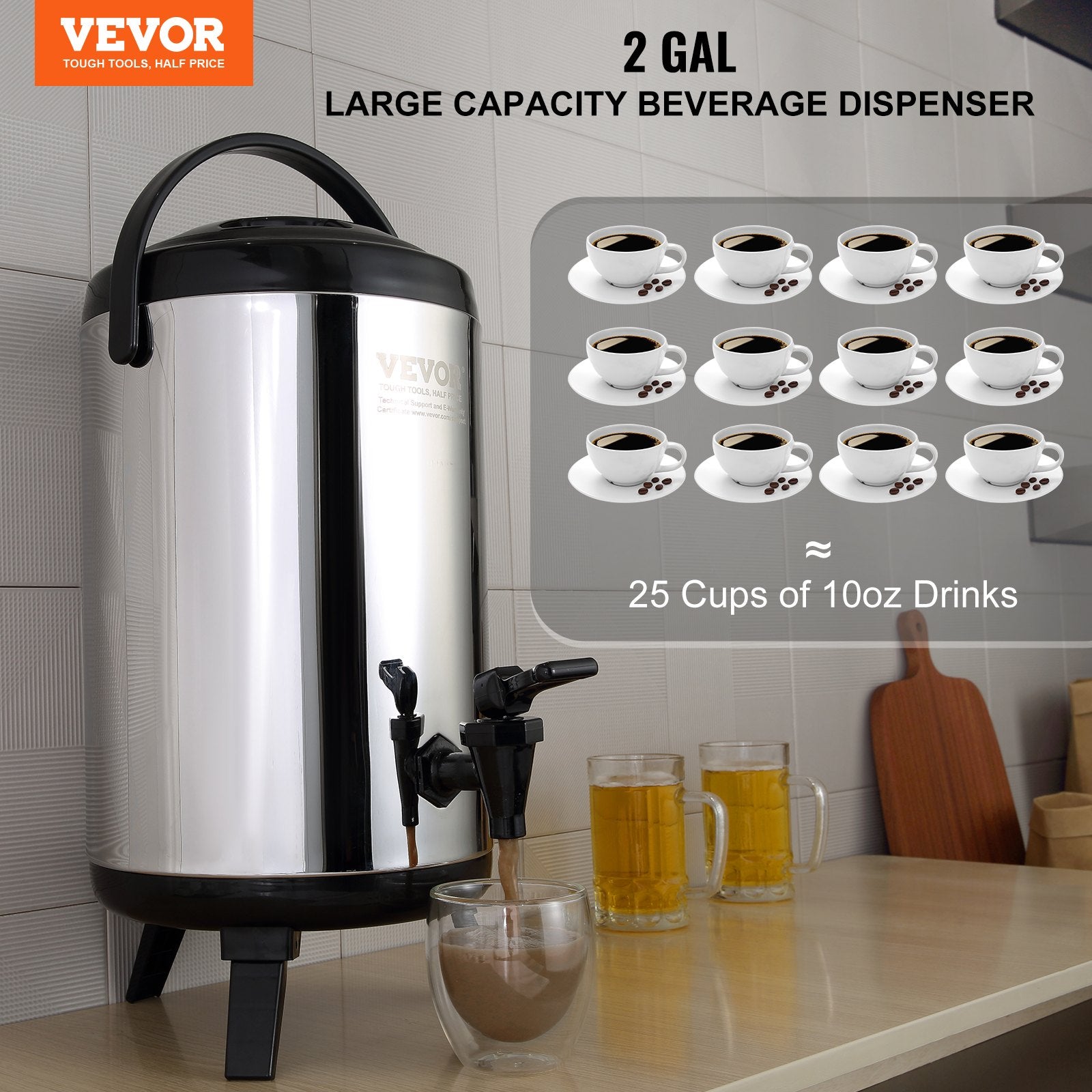 7.6L Stainless Steel Insulated Beverage Dispenser with Spigot and Handle