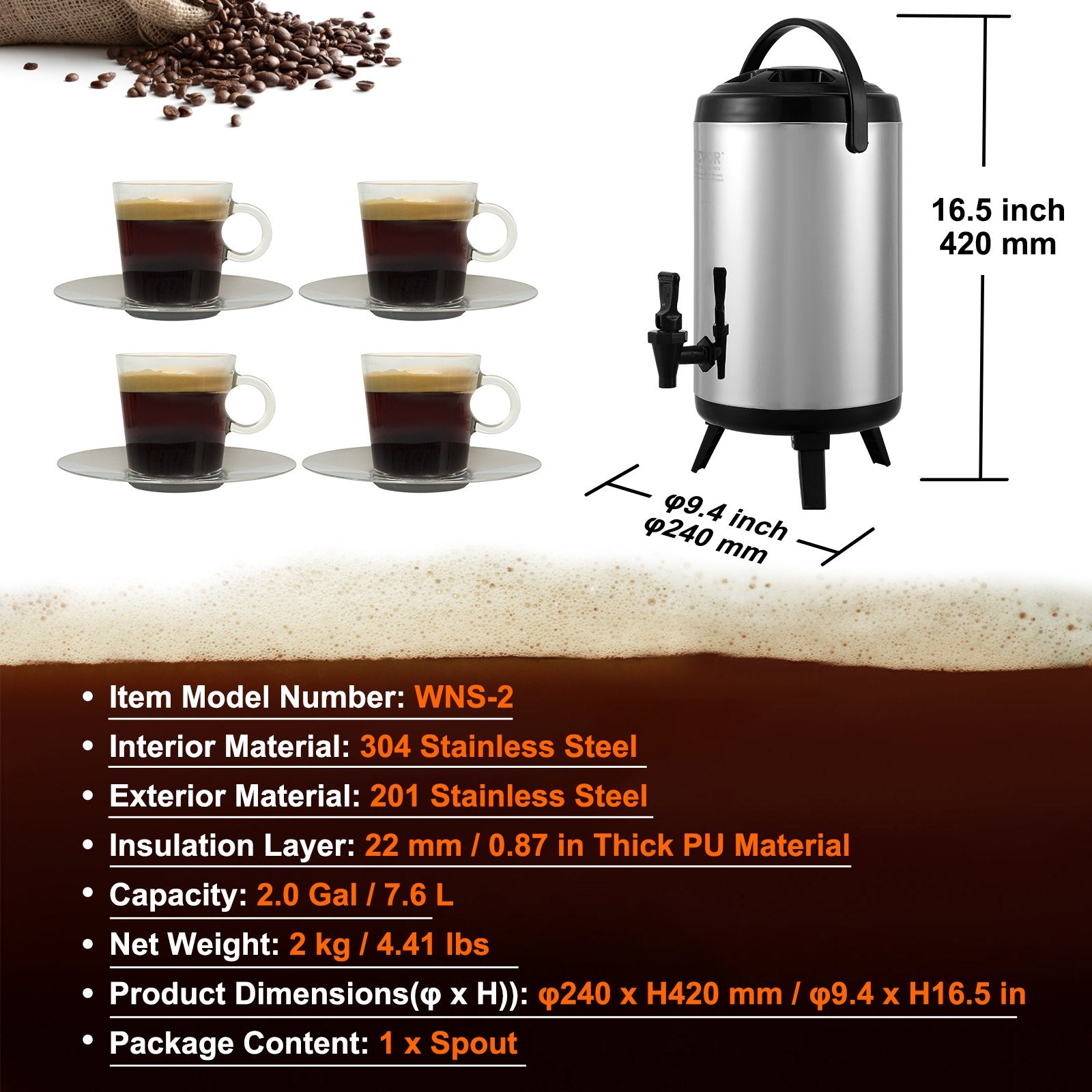 7.6L Stainless Steel Insulated Beverage Dispenser with Spigot and Handle
