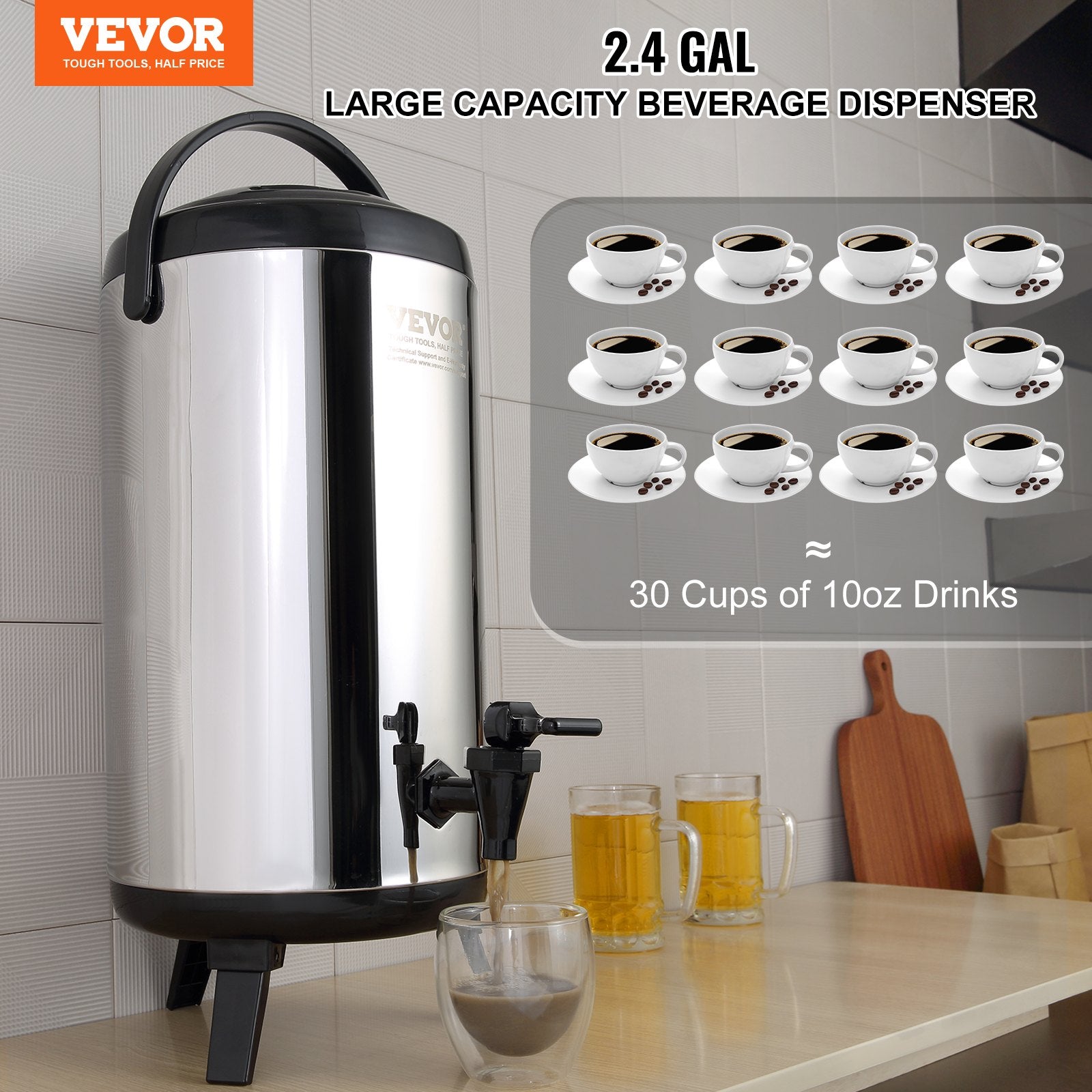 9.2L Stainless Steel Insulated Beverage Dispenser with Spigot and Handle