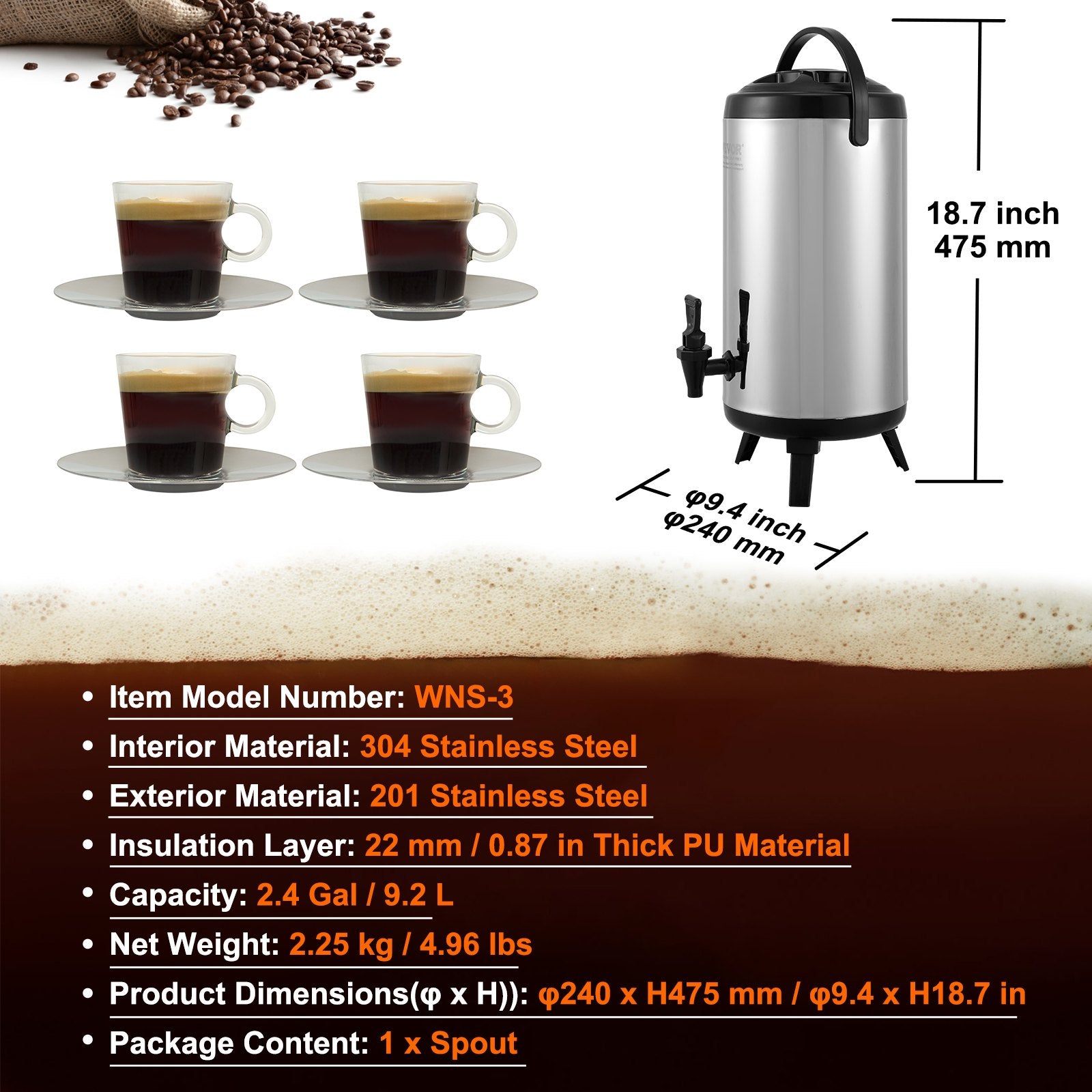 9.2L Stainless Steel Insulated Beverage Dispenser with Spigot and Handle
