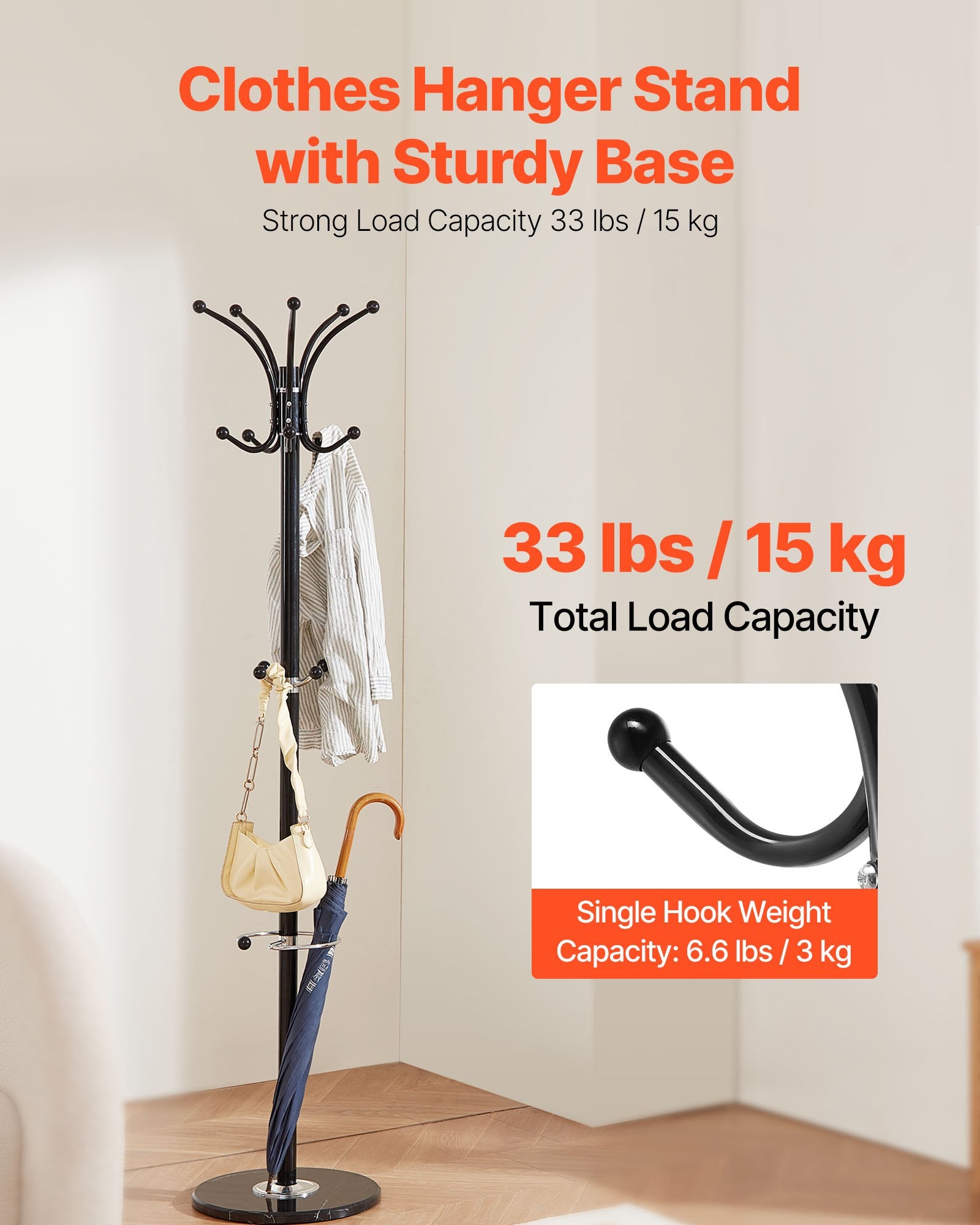 Freestanding Coat Rack Metal 14 Hooks Umbrella Holder Marble Base Entryway Stand