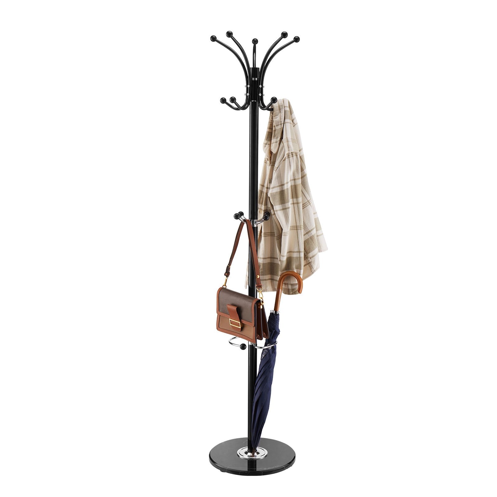 Freestanding Coat Rack Metal 14 Hooks Umbrella Holder Marble Base Entryway Stand