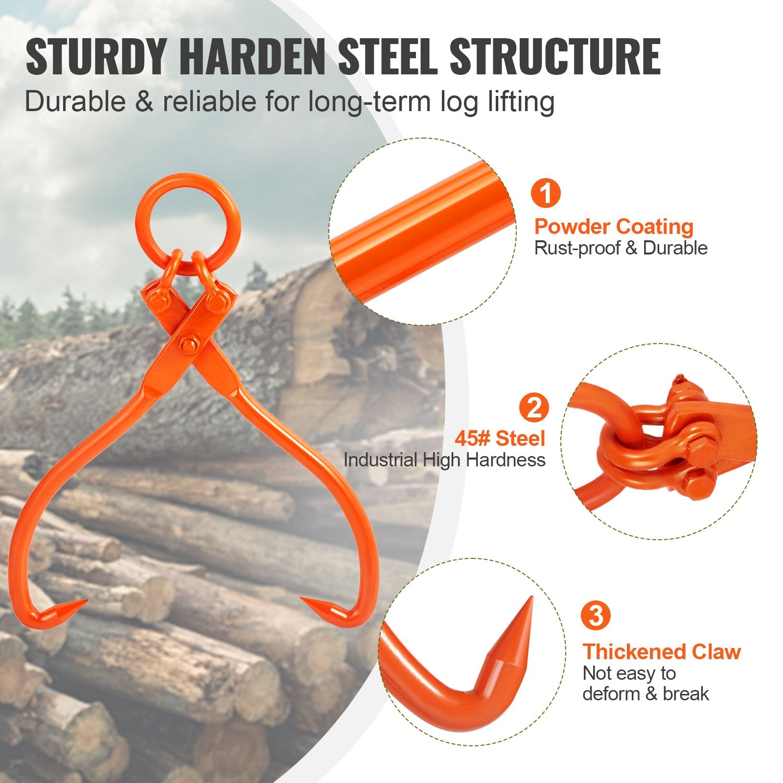 Log Skidding Tongs 18in 2-Claw Heavy Duty Steel Lumber Lifting Tool 350kg