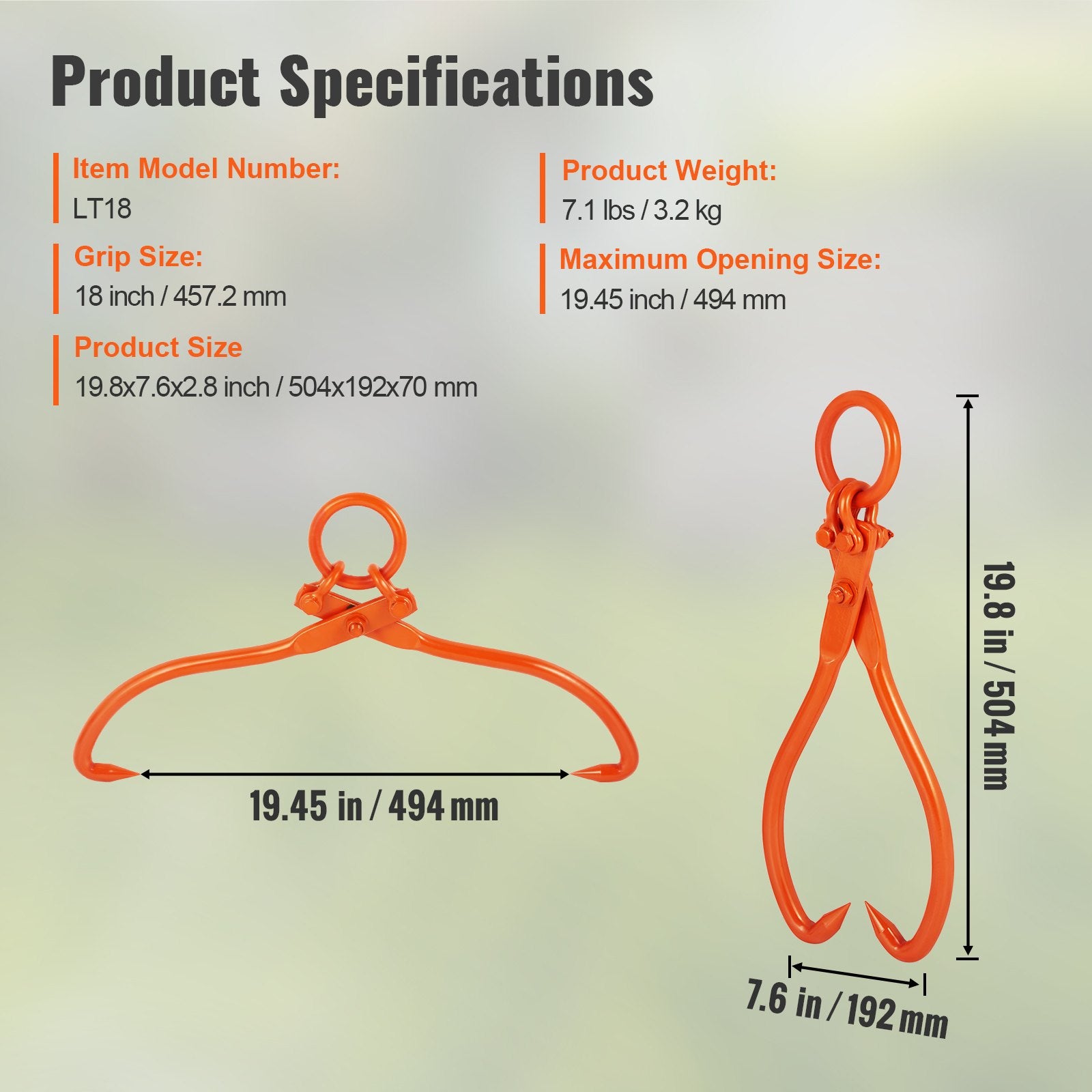 Log Skidding Tongs 18in 2-Claw Heavy Duty Steel Lumber Lifting Tool 350kg