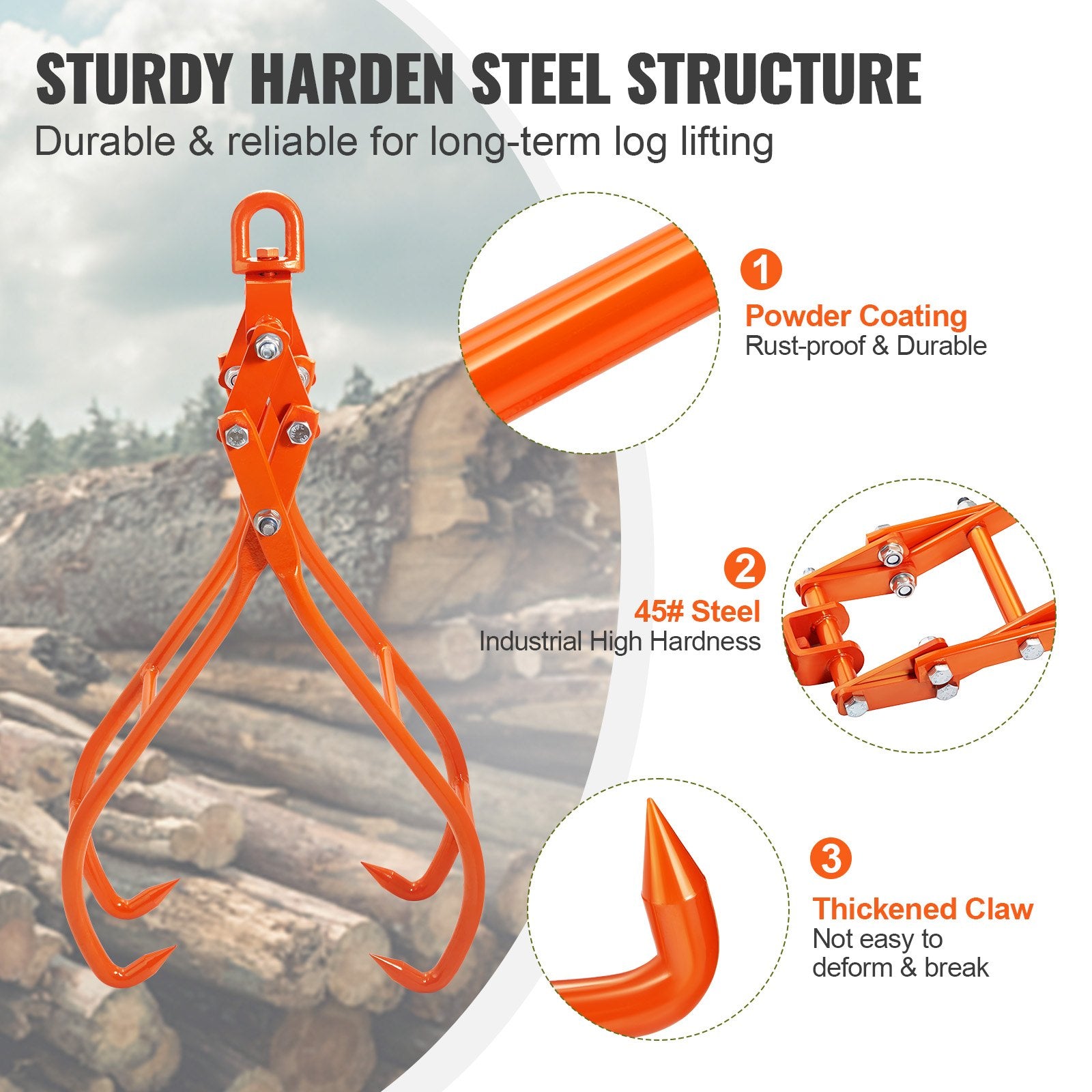 28 Inch Timber Claw Hook 4-Claw Log Grapple 1000kg Swivel Steel Tongs