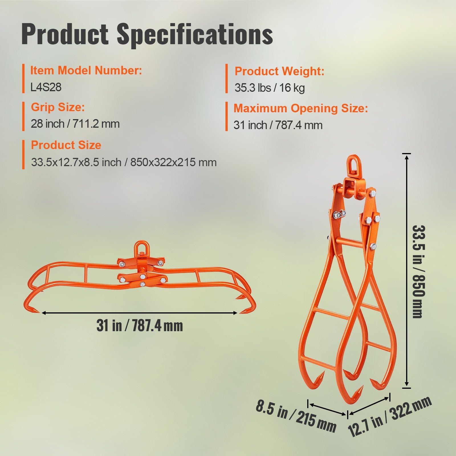 28 Inch Timber Claw Hook 4-Claw Log Grapple 1000kg Swivel Steel Tongs