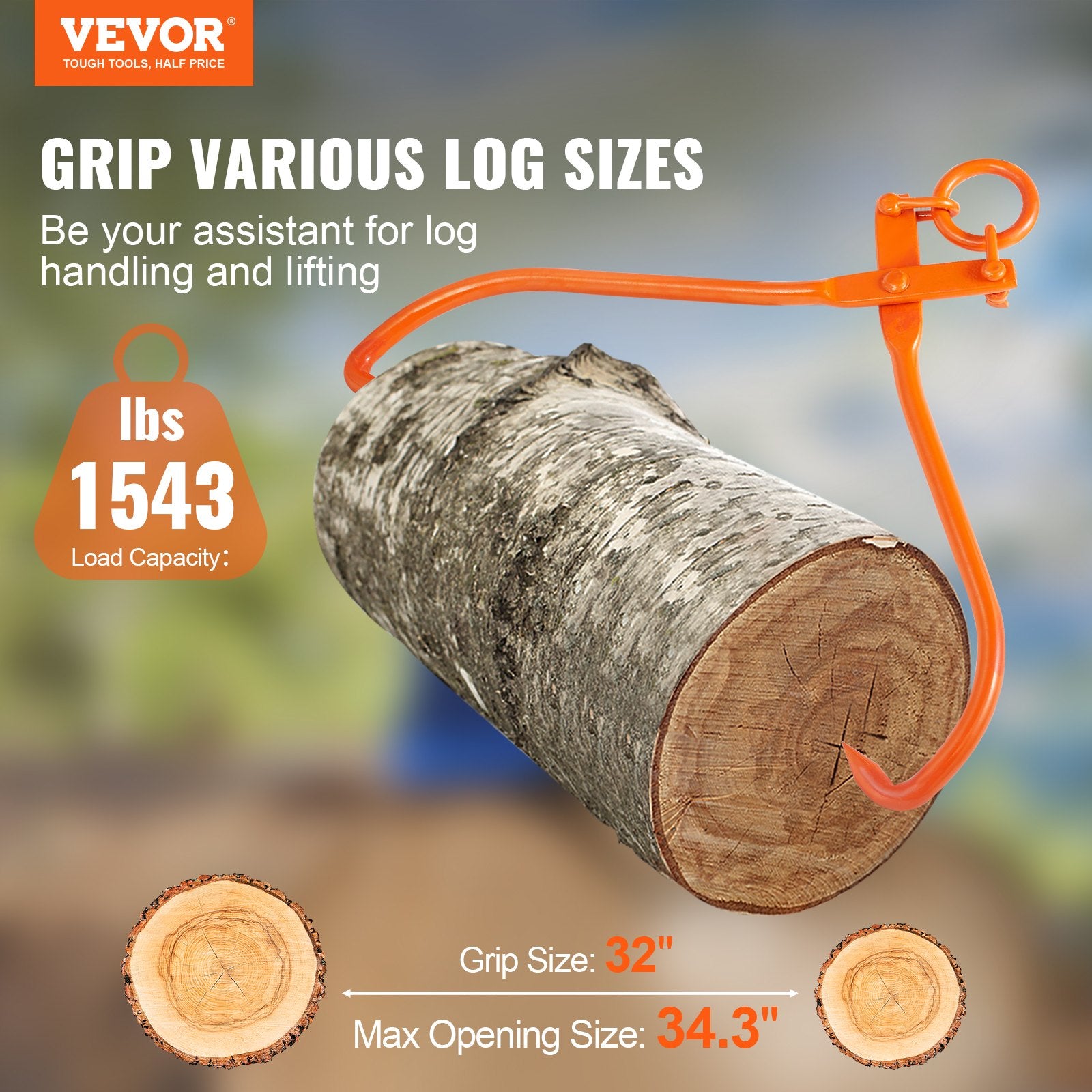 Log Skidding Tongs 81.3cm 2-Claw Heavy Duty Steel Lumber Lifting Tool 700kg