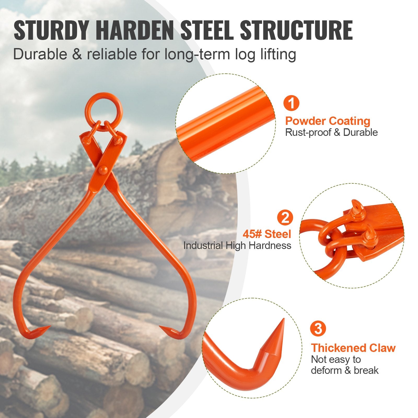 Log Skidding Tongs 81.3cm 2-Claw Heavy Duty Steel Lumber Lifting Tool 700kg