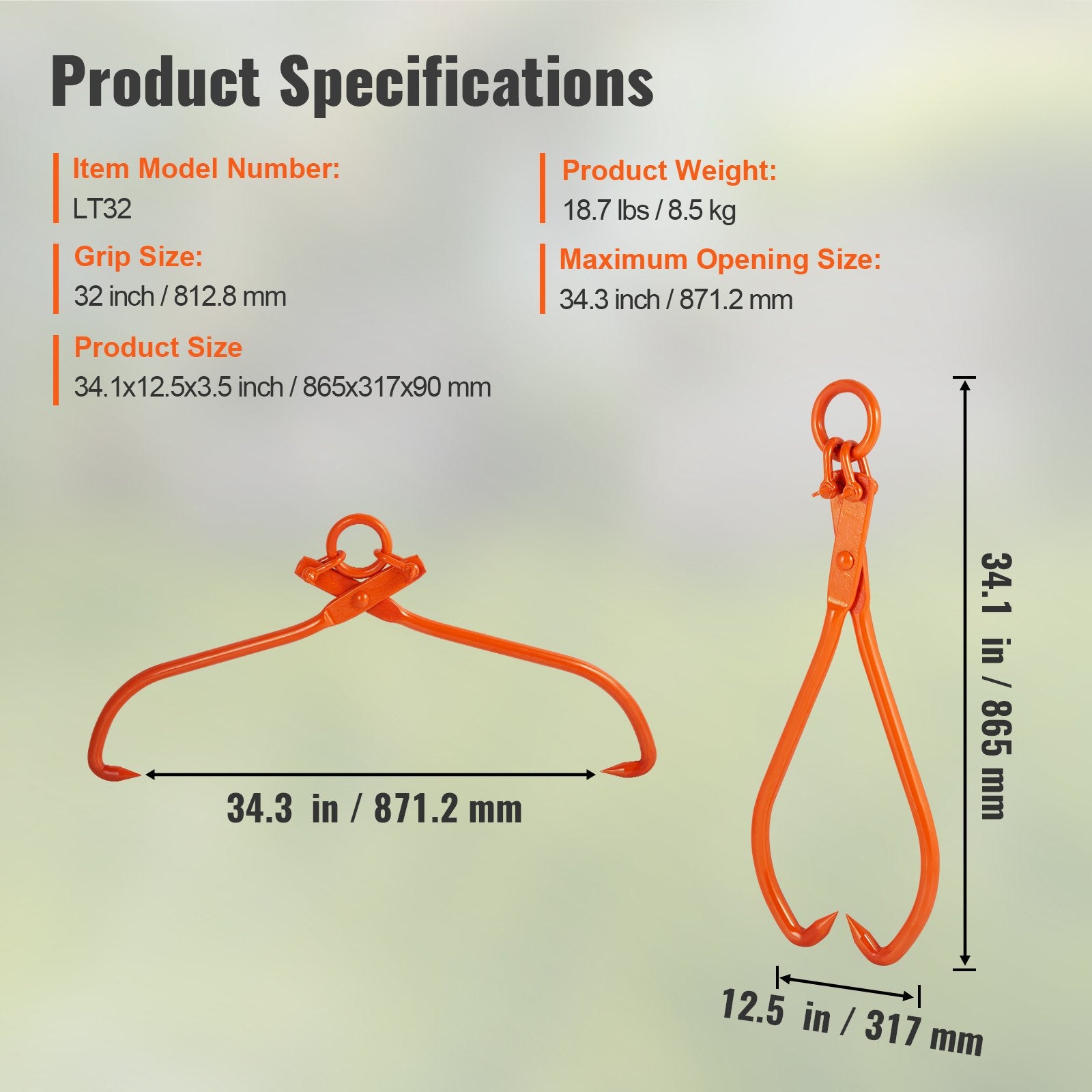 Log Skidding Tongs 81.3cm 2-Claw Heavy Duty Steel Lumber Lifting Tool 700kg