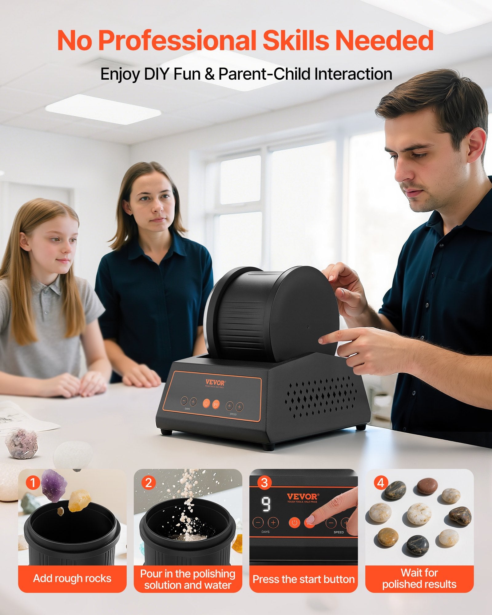 Rock Tumbler Kit 4lbs 4-Speed 9-Day Belt-Free Polisher Adapter Adults Kids