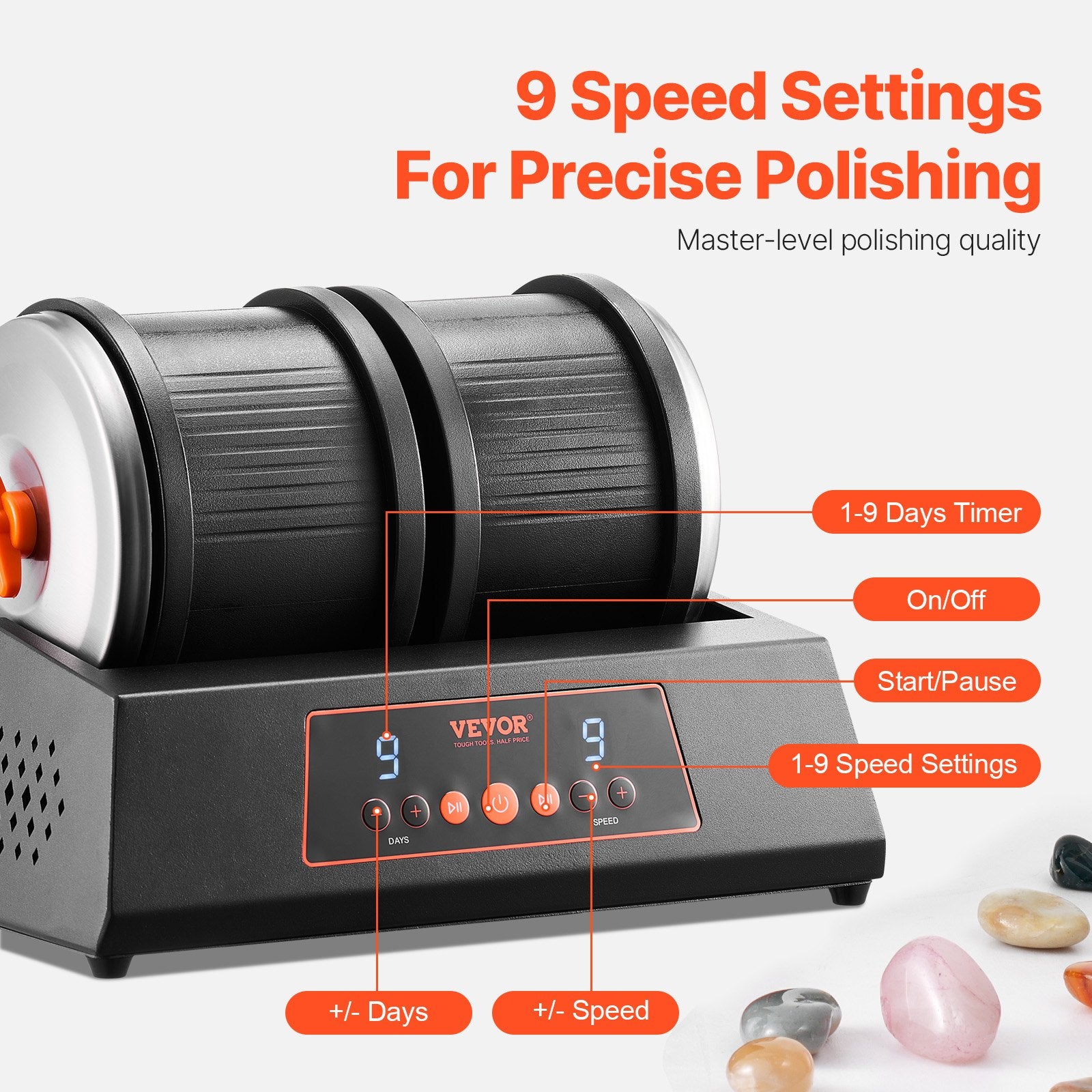 Rock Tumbler Machine 8lbs Dual Barrel 9-Speed 9-Day Silent Polisher Black