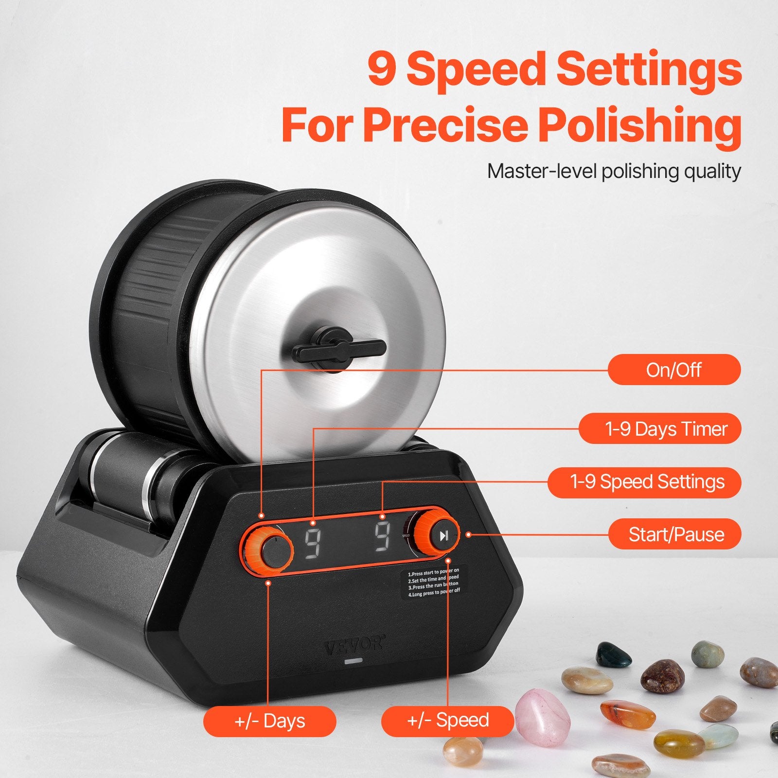 Rock Tumbler Kit 4lbs 9-Speed 9-Day Polisher Stones Grits for Kids Adults