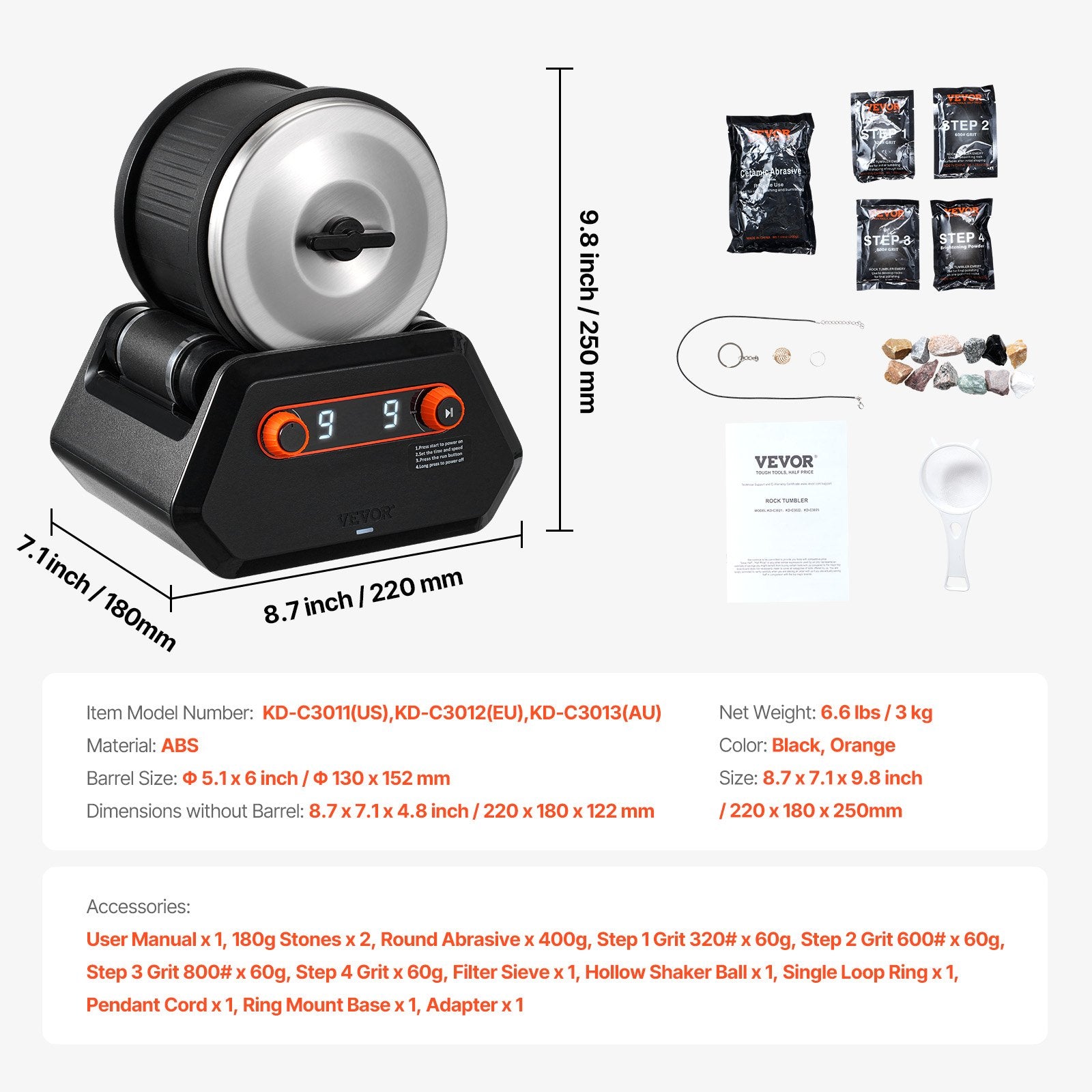 Rock Tumbler Kit 4lbs 9-Speed 9-Day Polisher Stones Grits for Kids Adults