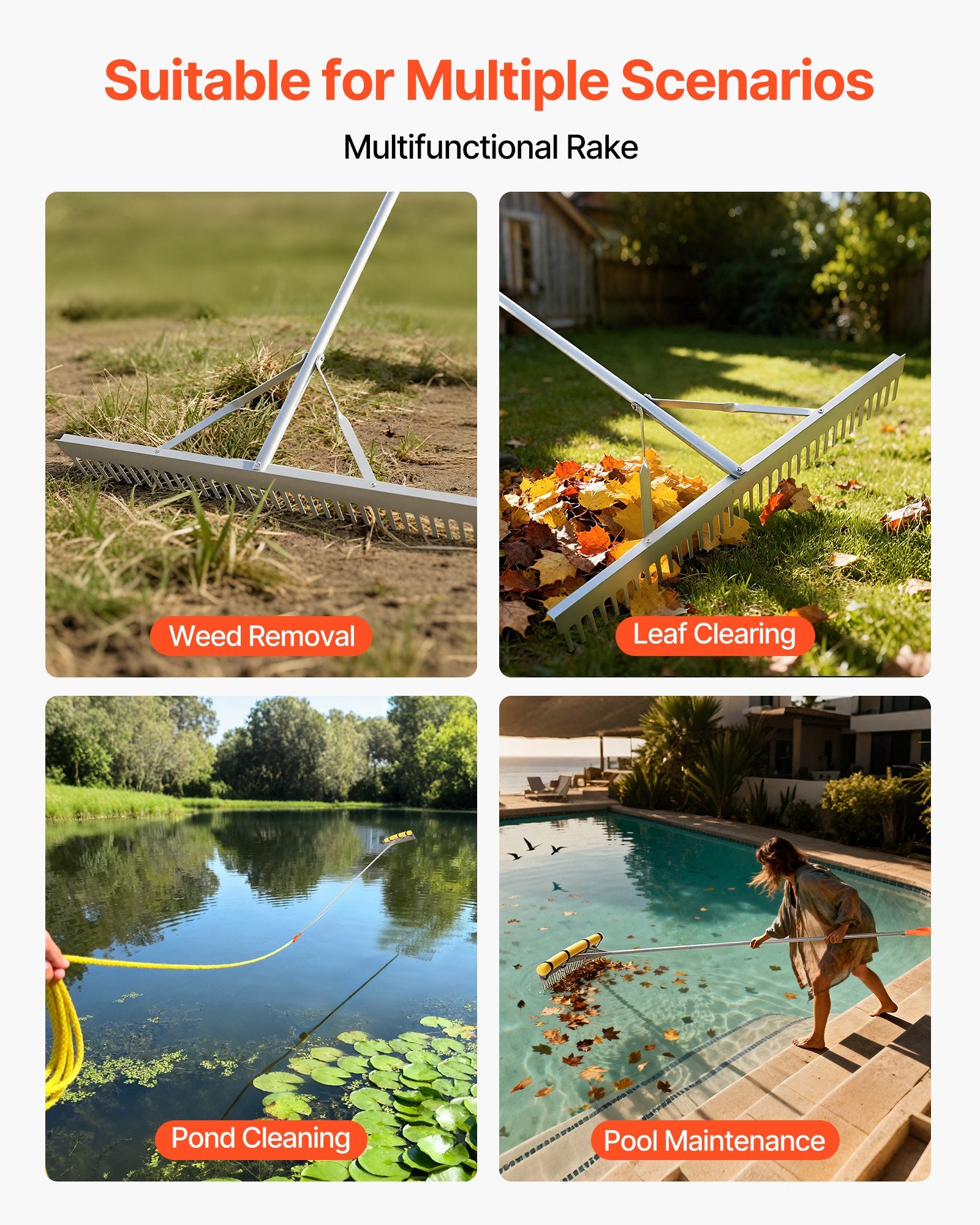 Landscape Rake 914mm Aluminum Head 2590mm Handle Heavy-Duty Yard Garden Tool