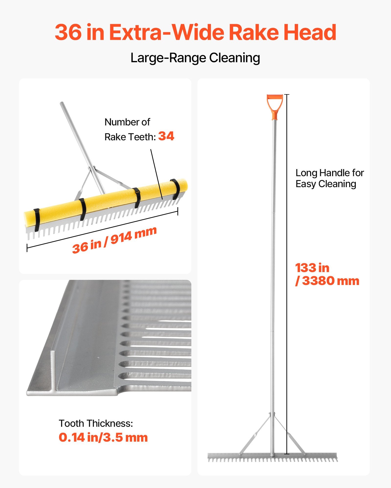 Landscape Rake 914mm Aluminum Head 3380mm Handle Heavy-Duty Yard Garden Tool